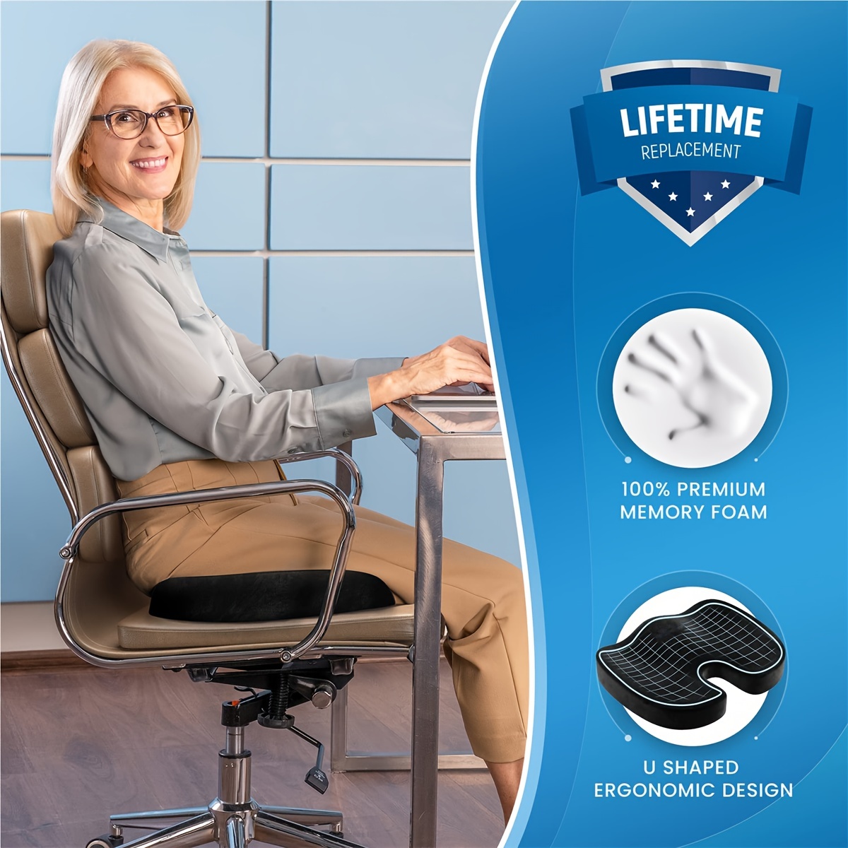 Klaudena | Memory Foam Office Chair Cushion for Tailbone Pain Relief | Seat  Cushion for Long Hours