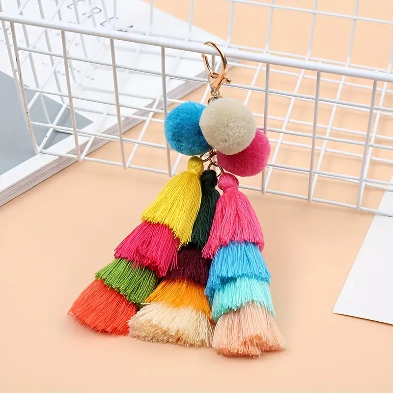 Colorful Boho Pom Pom Tassel Bag Charm For Women Handmade - Temu