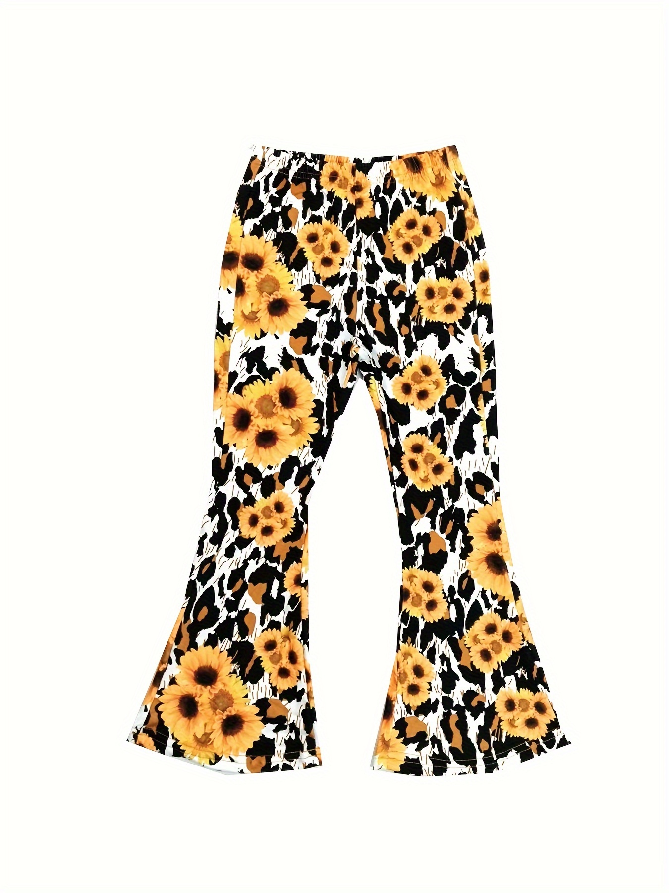 Girls Trendy Leopard Graphic Flared Trousers Imitation Denim