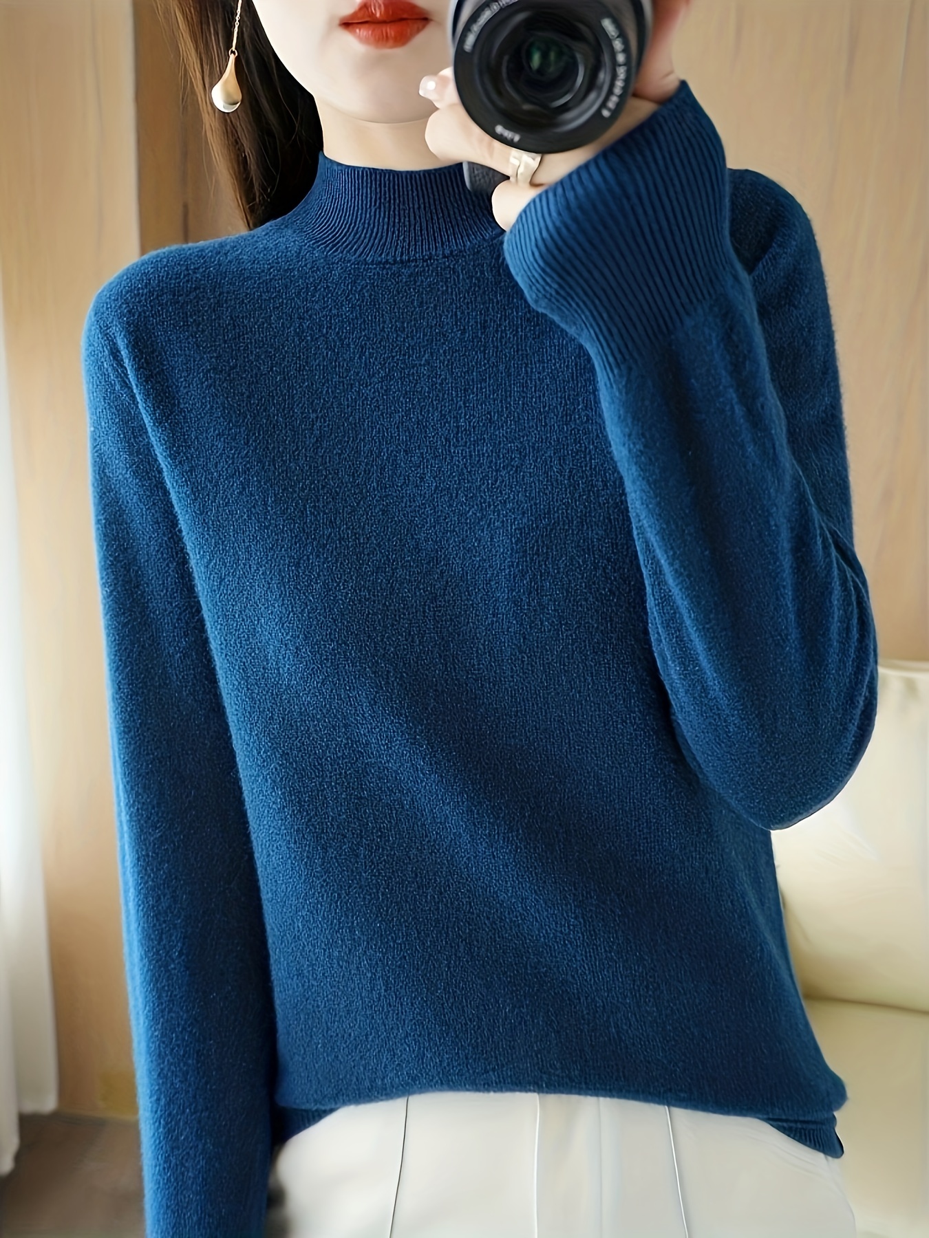 solid mock neck knitted top versatile long sleeve slim sweater womens clothing sea blue 3