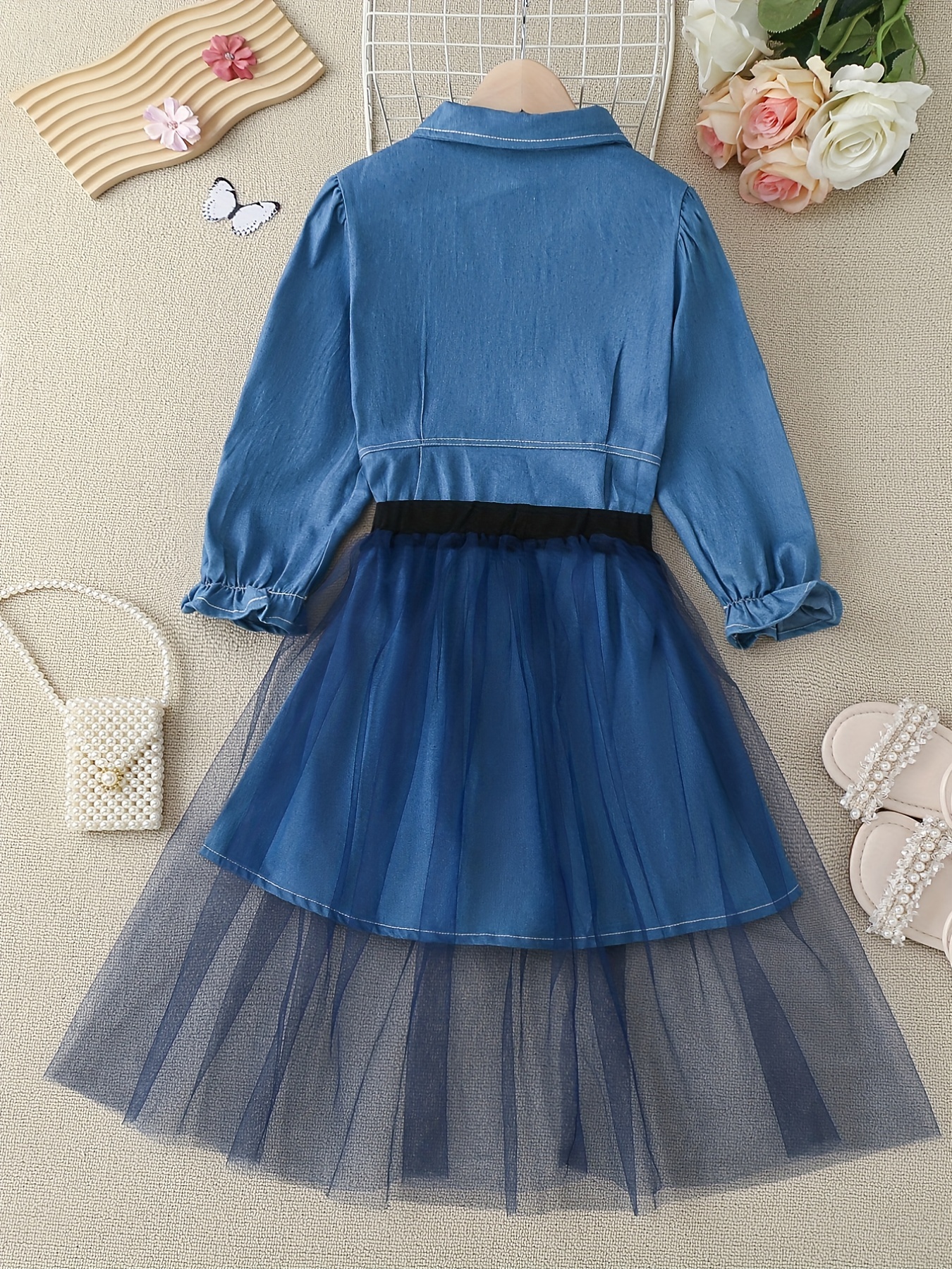 denim dress chiffon skirt set kids' fashion - Temu United Arab Emirates