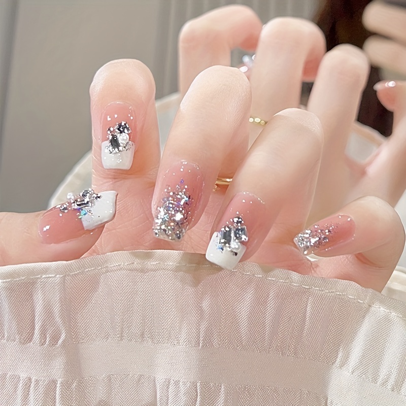 Long Stick Nails Rhinestones Coffin Nails Women Easy Apply - Temu