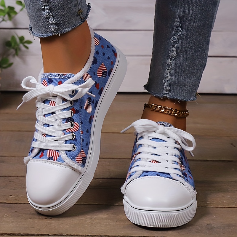 Heart & Ecg Print Canvas Shoes, Lace Up High Top Thick Soled