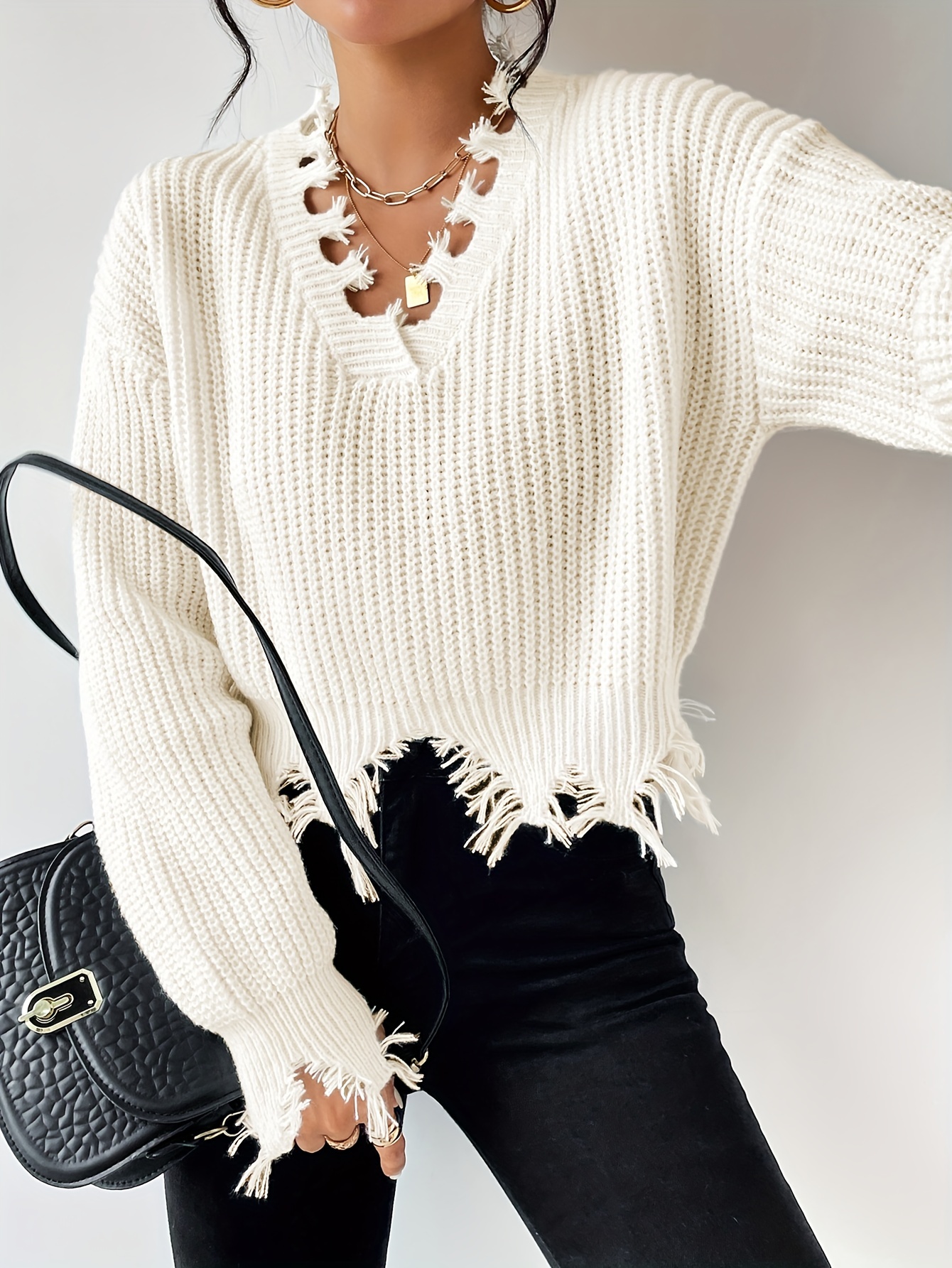 Knit Top, Black, White, Crop, Long Sleeve