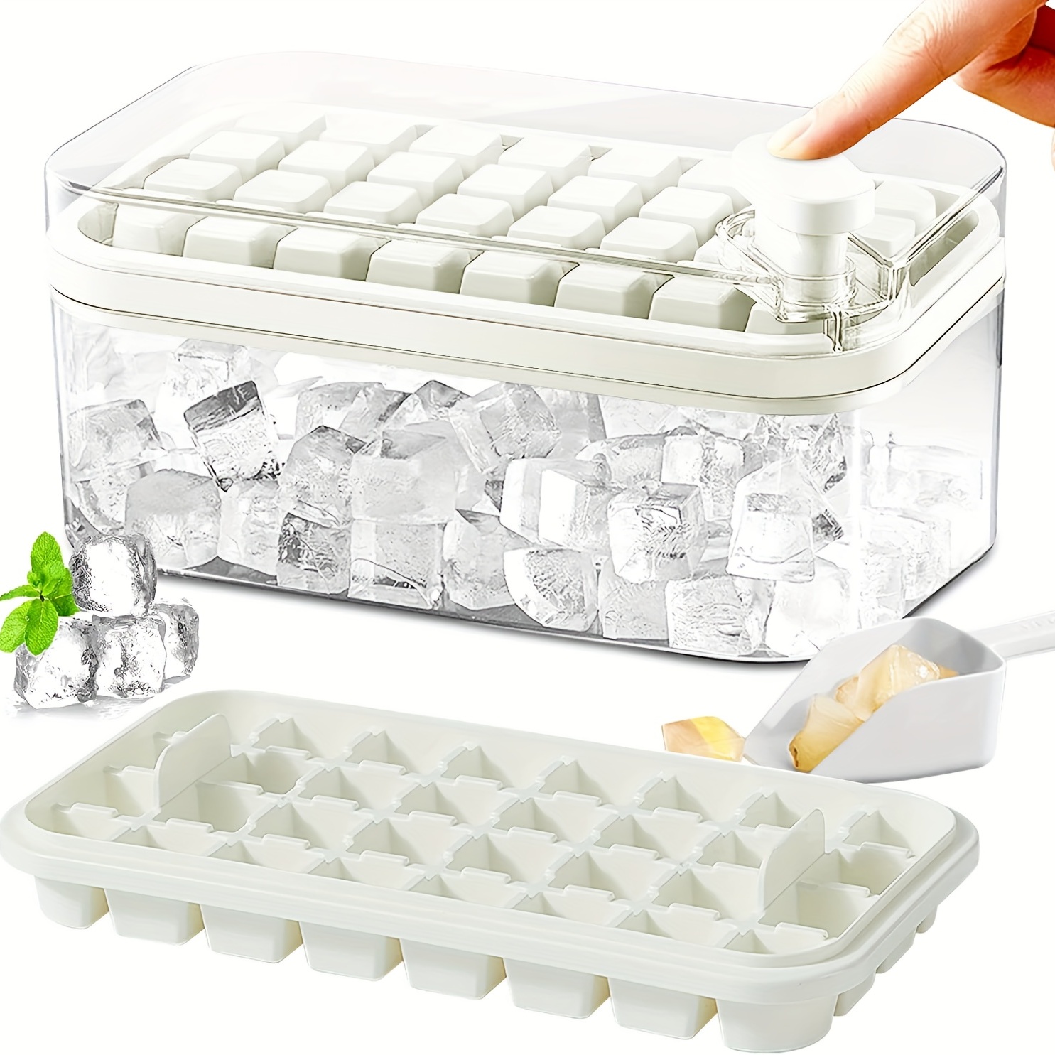 Лоток для кубиков льда с крышкой и контейнером, лотки для кубиков льда из 2 упаковок для морозильной камеры, форма для кубиков льда на 64 шт. (белая)