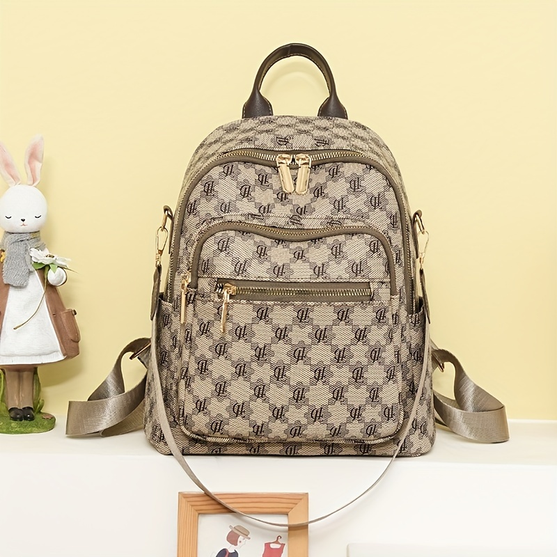 Khaki Vintage Grid Convertible Backpack Purse, Retro Anti-Theft Travel Bag,  Women's Preppy Back To School Bag