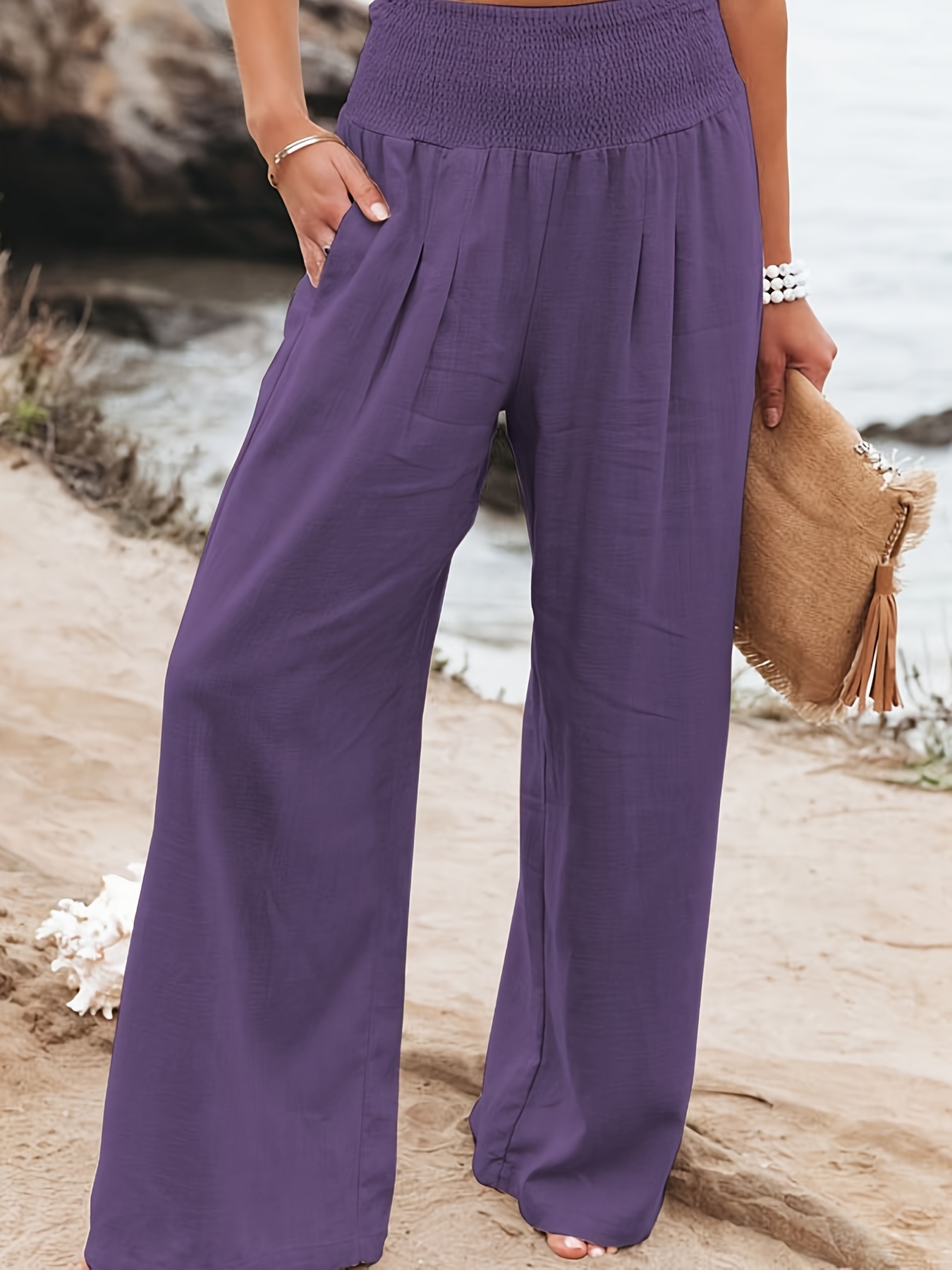 Womens Summer Pants Casual Women's Cotton Linen Drawstring Elastic Waist  Loose Wide Baggy Dress Pants Women (Purple, S)