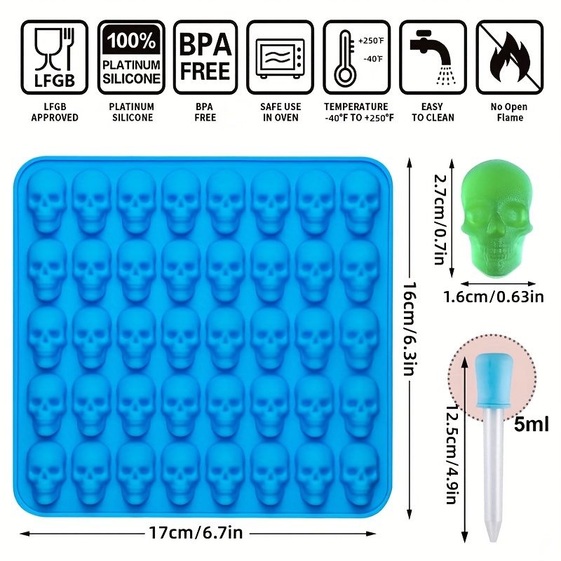 2Pcs Skull Silicone Candy Molds, Gummy Candy Molds Silicone Set with 1  Dropper and 80 Cavities for Candy, Chocolate, Ice Cube, Jelly