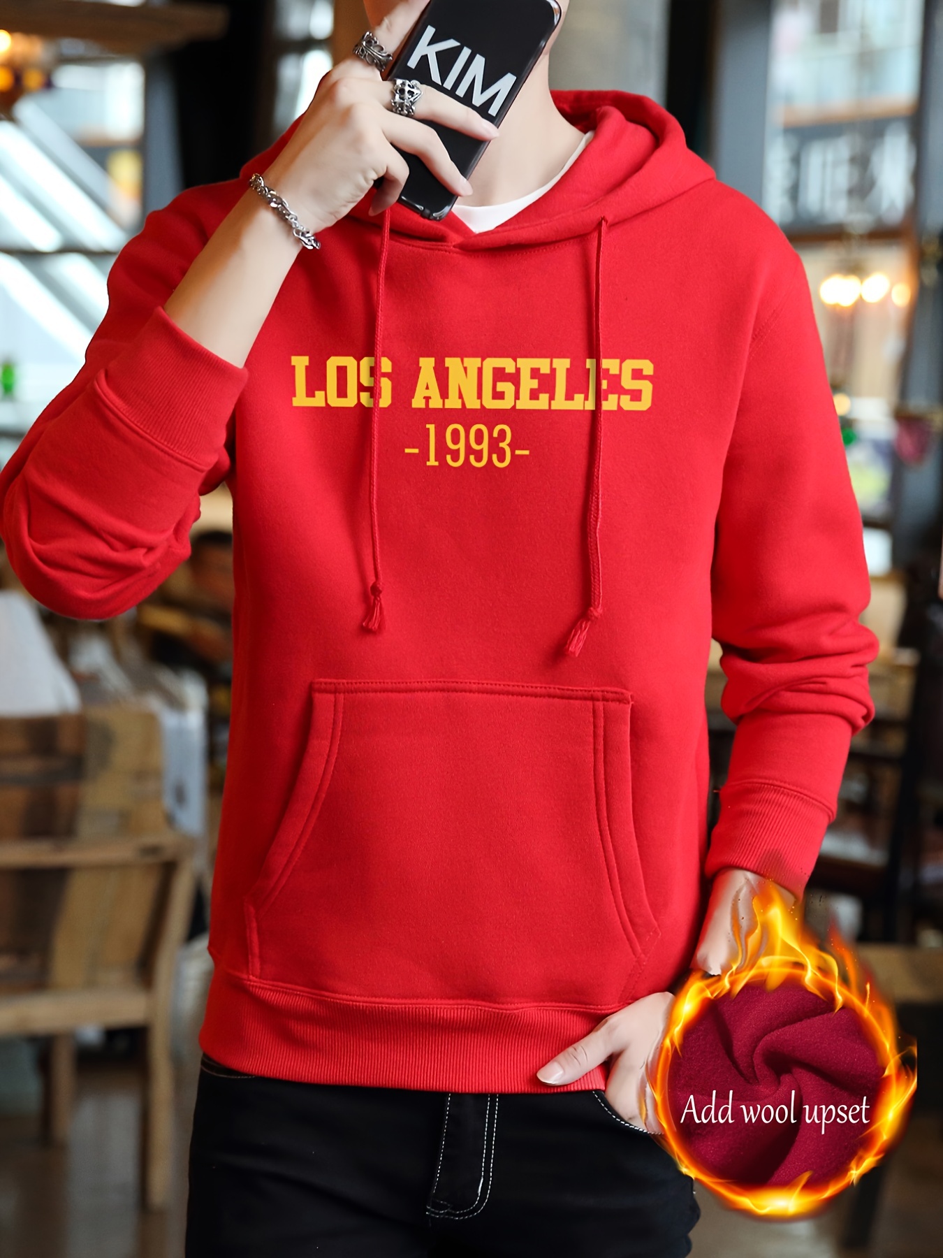 Mens Warm Hoodie Los Angeles Letter Printed Long Sleeve Winter