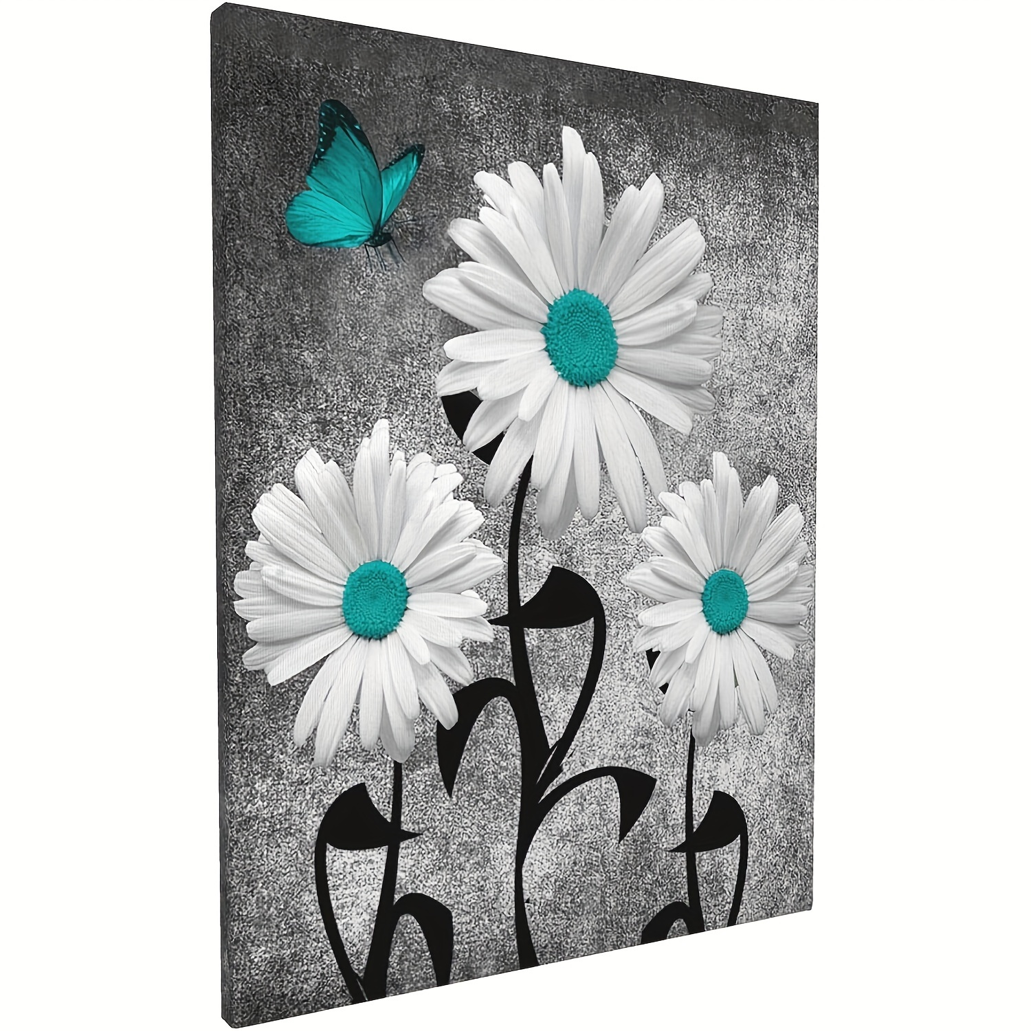 

1pc, Abstract Bathroom Decoration Canvas Wall Art, Teal Daisy Butterfly Farmhouse Flower Poster Black And White Inspirational Artwork Modern Can Be Hanged Directly Without Frame 12×16 Inches