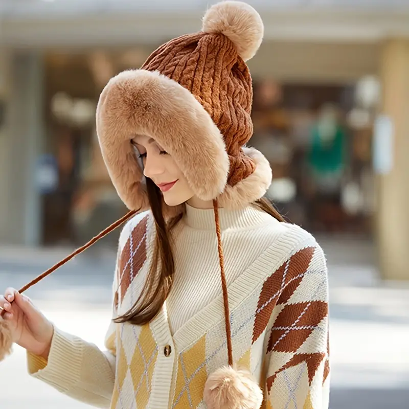Faux Fur Beanie Hat With Pom Pom Fuzzy Trapper Hat Ears Warm Knit Cap  Women's Cute Hat Ski Snow Hat New Year Presents Valentine's Gifts