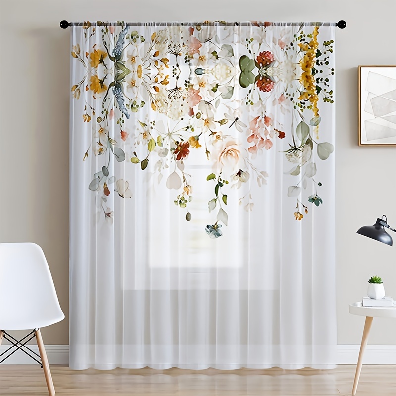 1pc Watercolor Flowers Sheer Curtain Nature Colorful Florals Eucalyptus ...