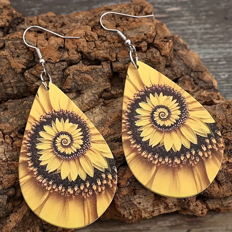 Wooden Sunflower Print Water Drop Dangle Earrings