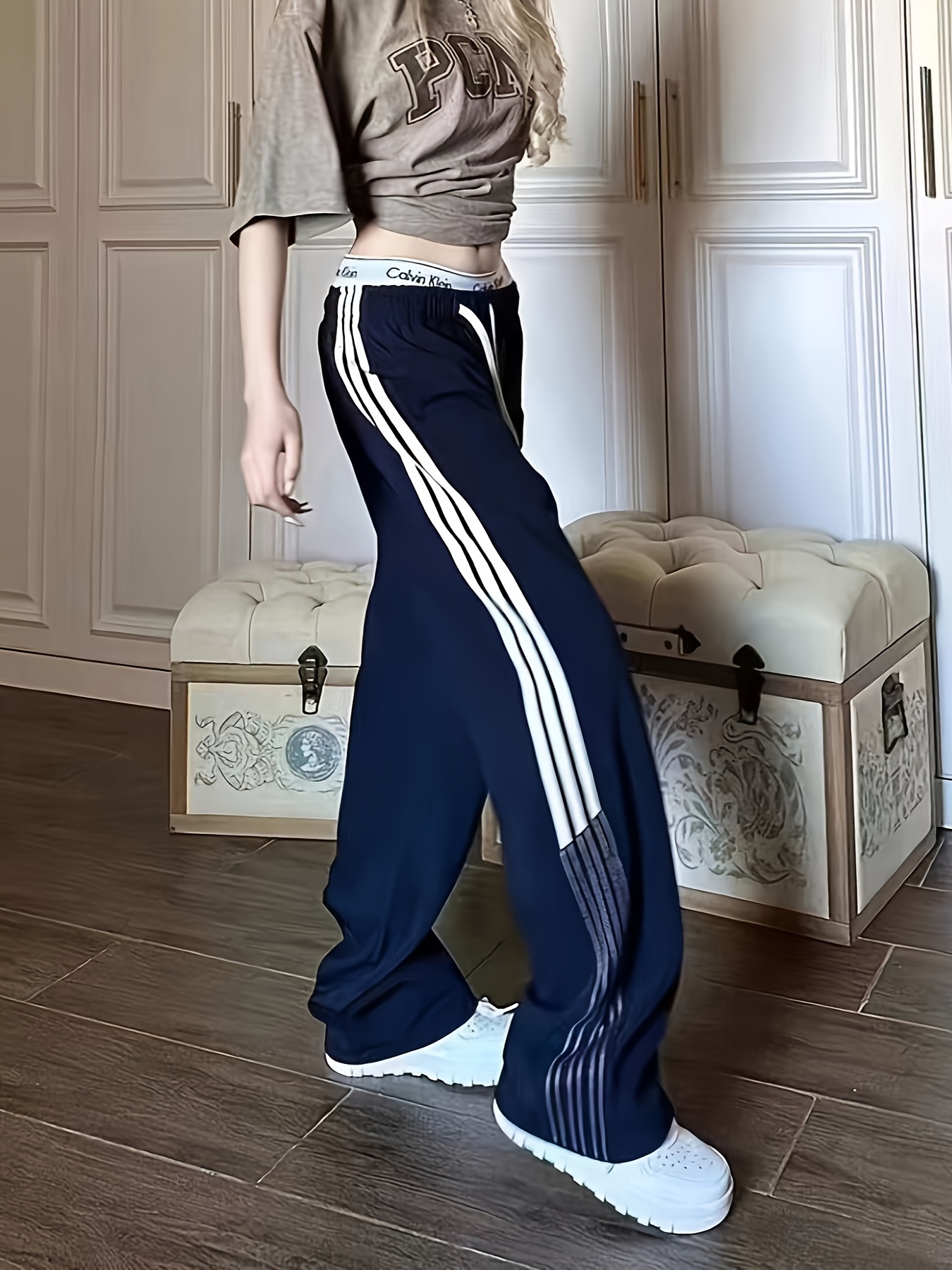 Women's Activewear: White Strip Stitching Casual Loose Sports Pants -  Summer Personality Street Wide Leg Pants