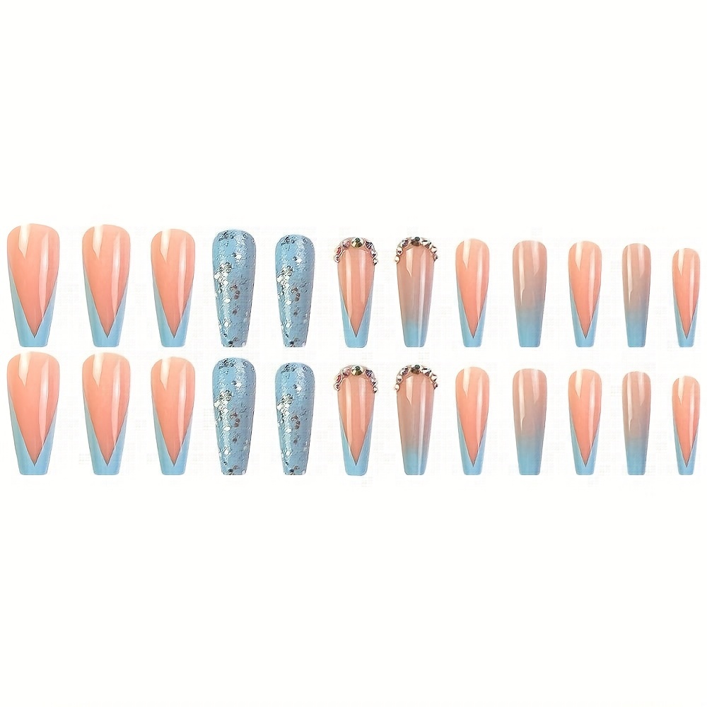 Glam Up Your Look With Long Blue French Press Nails With - Temu