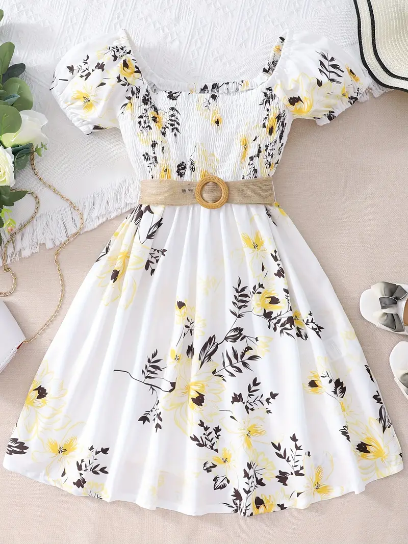 girls floral print shirred short sleeve casual dress belt for summer details 14