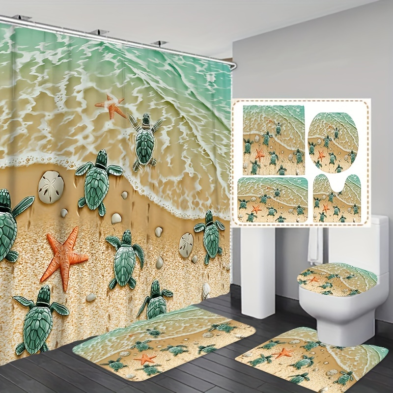 Shower Curtain Set Sea Turtle Printed Waterproof Bathroom - Temu