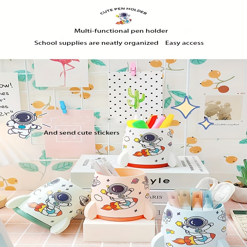 Kawaii Pen Holder With Stickers Cute Cosmetic Storage Bucket - Temu