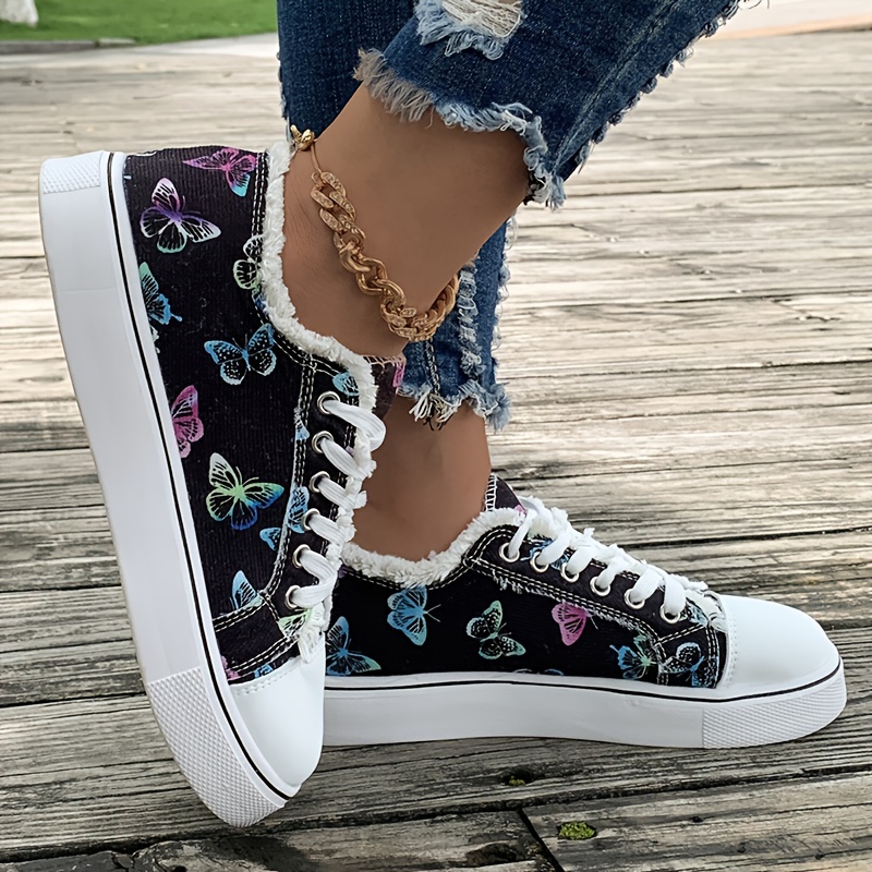 Womens Embroidery Flower Lace-Up Sneakers Flats Casual Denim Canvas Board  Shoes