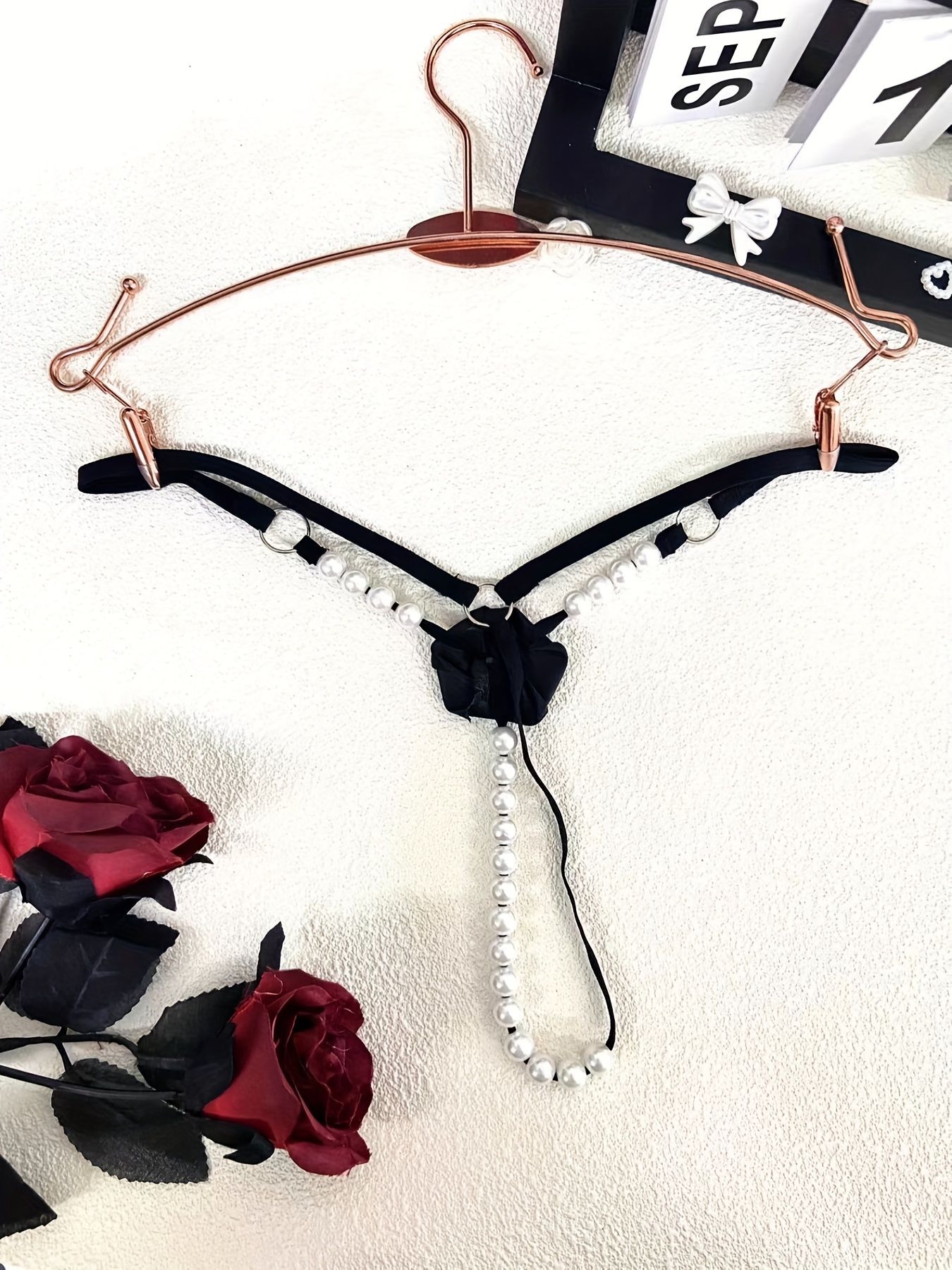 Flower Decor Thongs Sheer Ring Linked Faux Pearl Panties - Temu