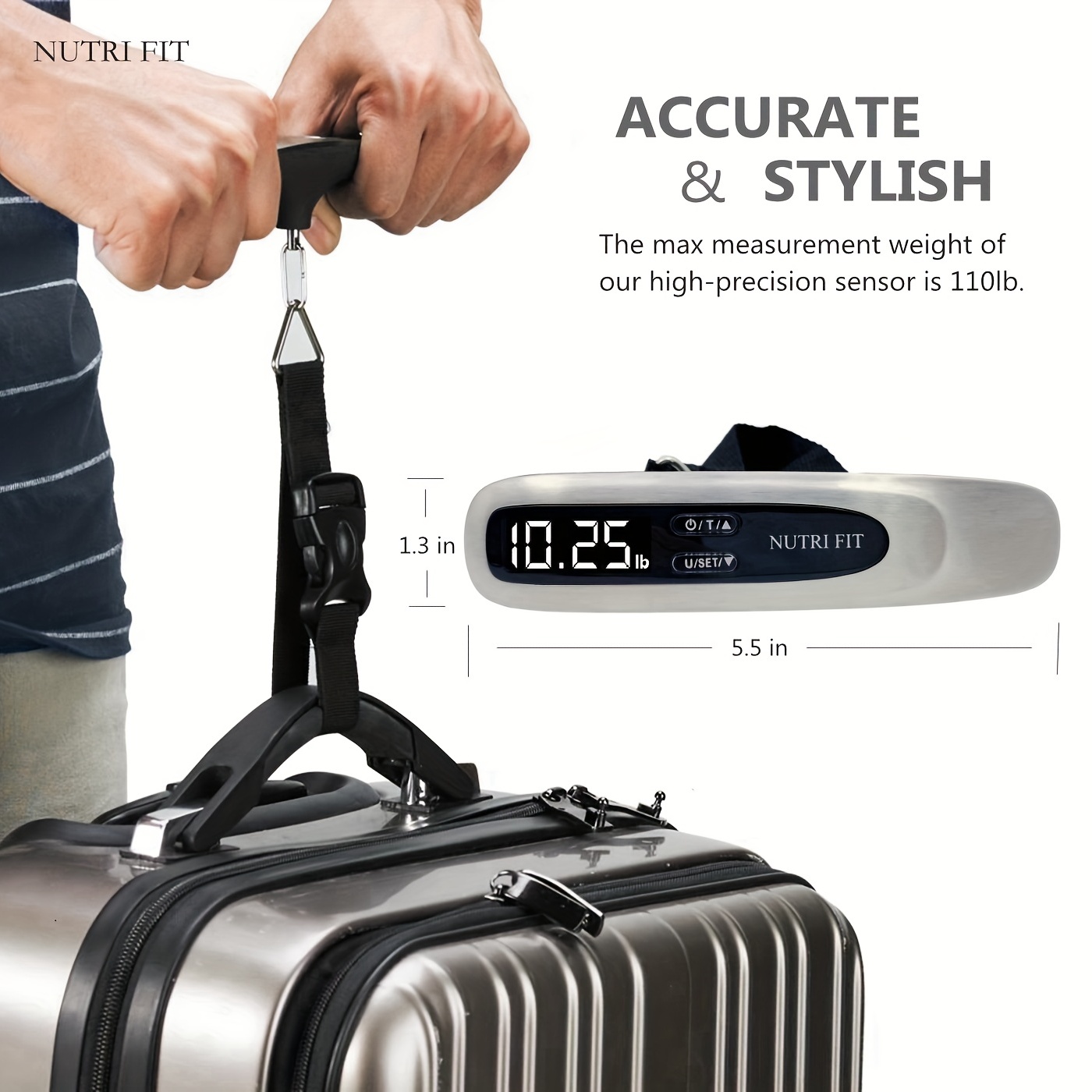  NUTRI FIT Luggage Scale Portable Handheld Baggage Scale with  Hook Heavy Duty Suitcase Scale for Travel,Overweight Alert  Functions,50kg/110lbs,Backlight LCD Display - Black