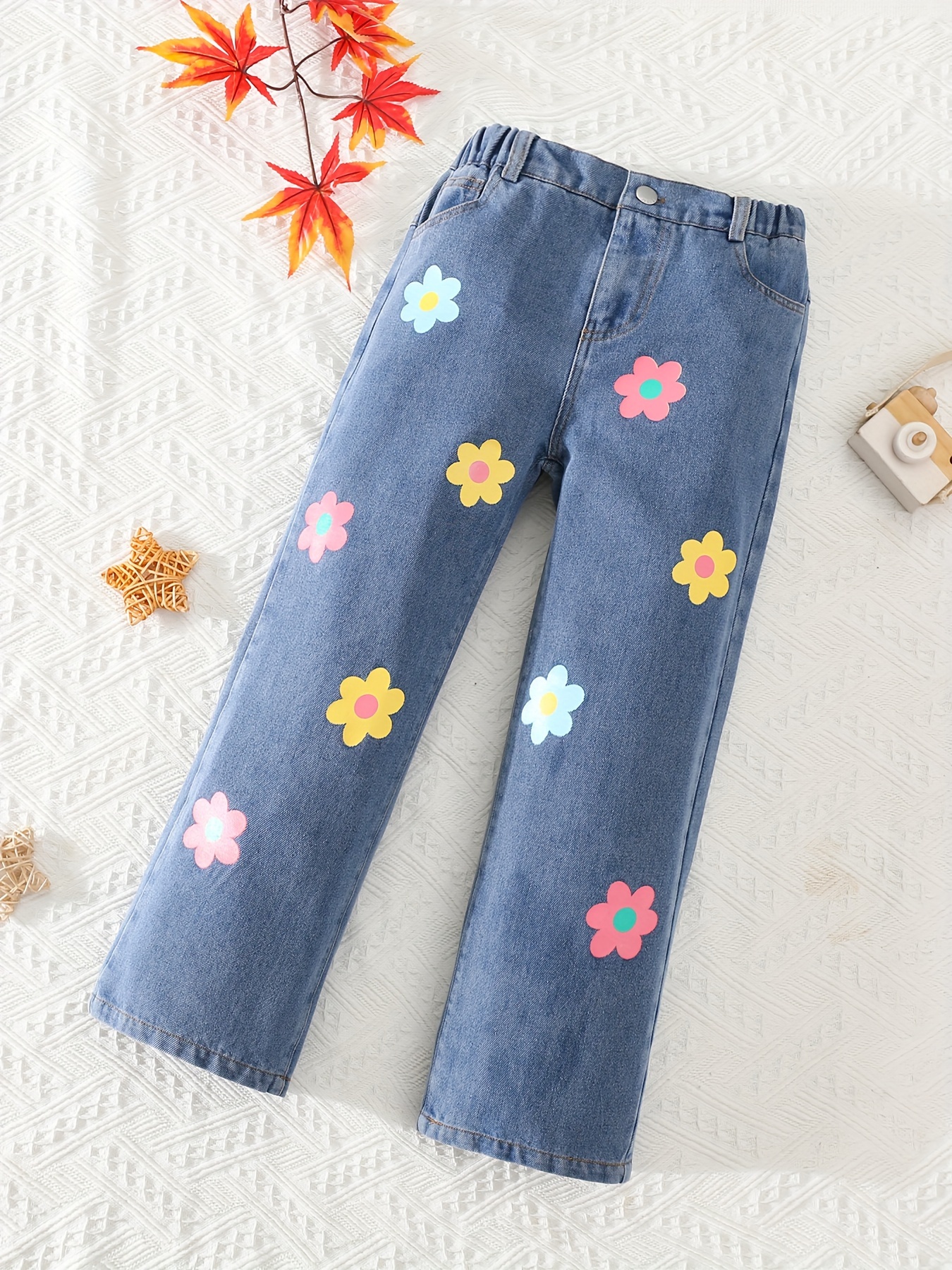 Girls Cute Butterfly Print Jeans, Fall/ Winter Casual Wide Leg Denim Pants