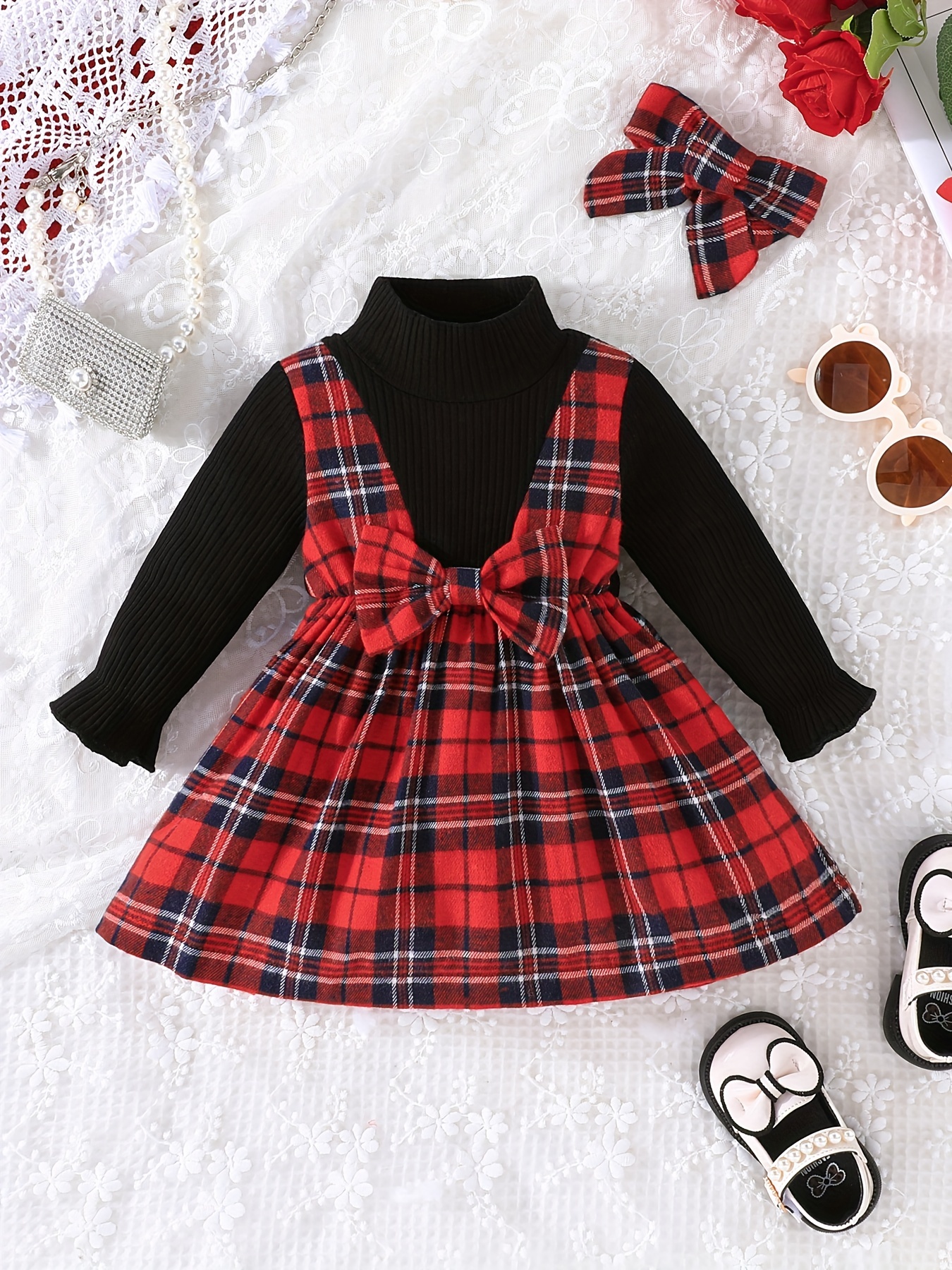 100% Cotton 2pcs Baby Girl Red Plaid Puff-sleeve Bowknot Splicing Dress with Headband Set