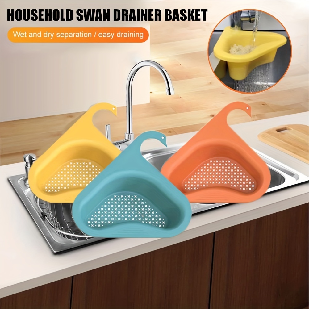 Kitchen Sink Drain Basket Swan Drain Rack - Multi-functional Hanging  Filtering Triangular Drain Shelf, Corner Kitchen Sink Strainer Basket Easy  To Dis