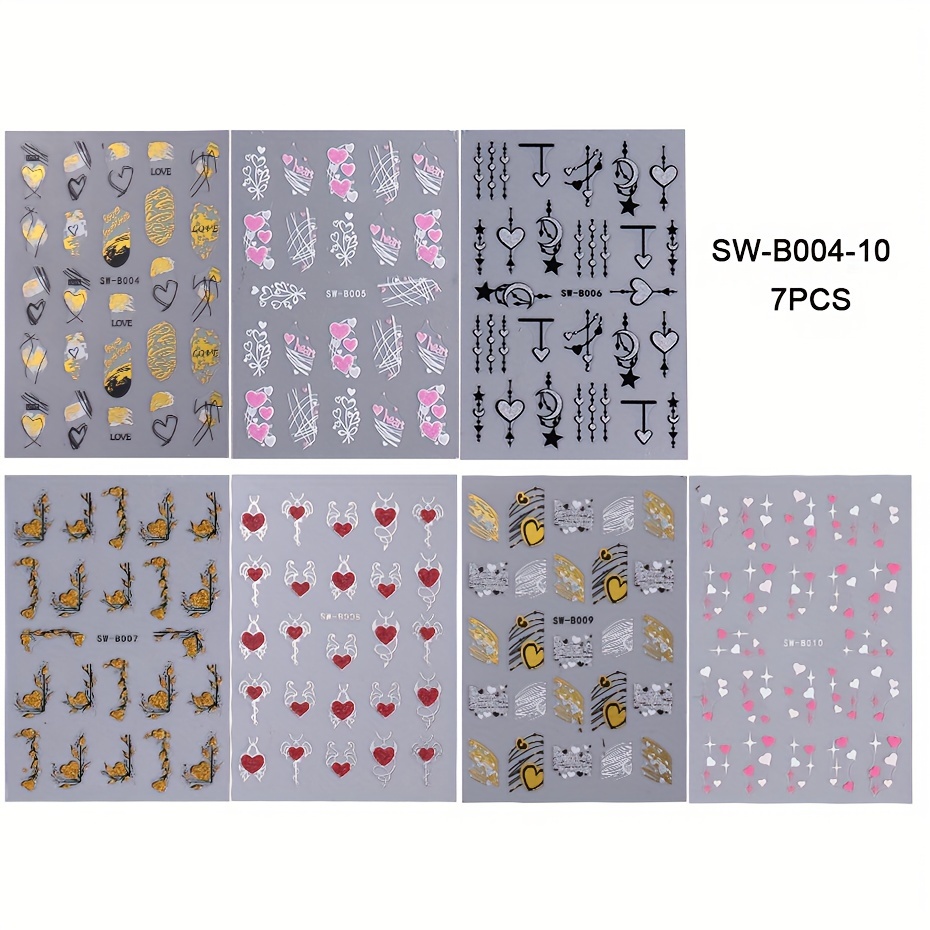 Image of 7pcs/set 3d Glitter Heart Love Nail Sticker Reflective Valentine Self Adhesive Cute Cartoon Decal Geometry Wave Lines Stripe Slider Manicure Decoration Tips