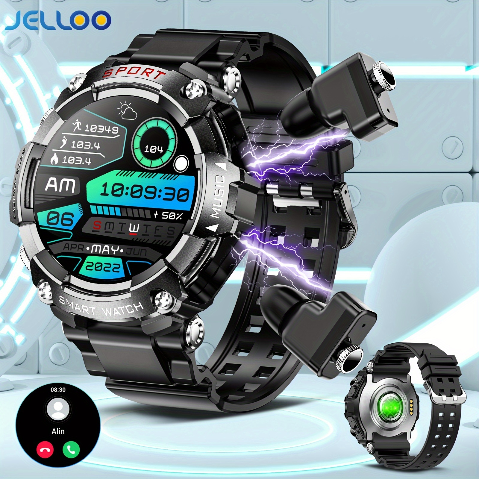 JELLOO Smart Watch Bring headphones Weather Calorie Counter Fitness Tracker With 100 Sports Modes IP67 Swimming Waterproof 1.52 IPS Touch Screen Alarm Clock Reminder Remote Control Smartwatch For