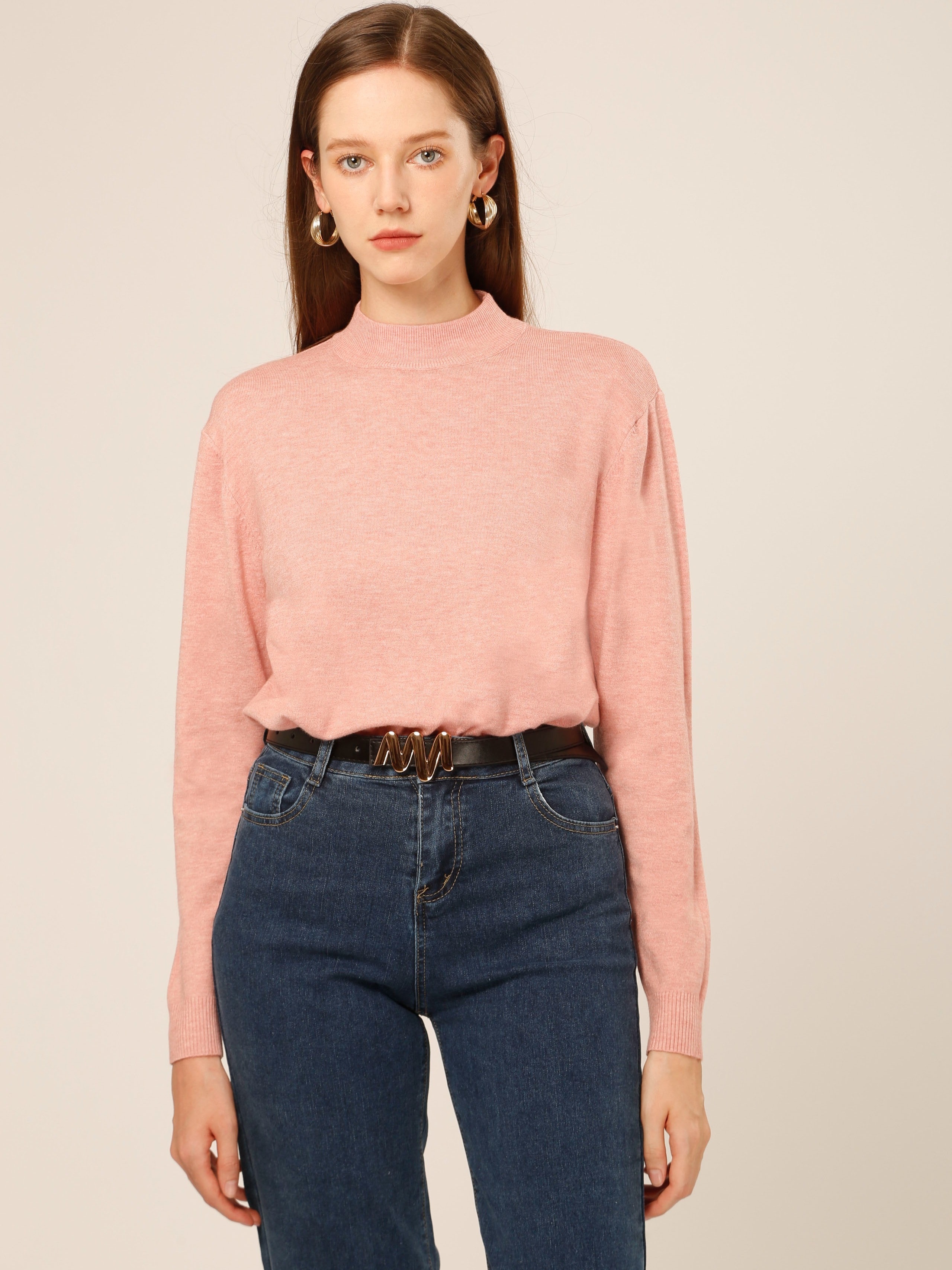 Solid Mock Neck Knitted Top Casual Long Sleeve Lightweight Temu