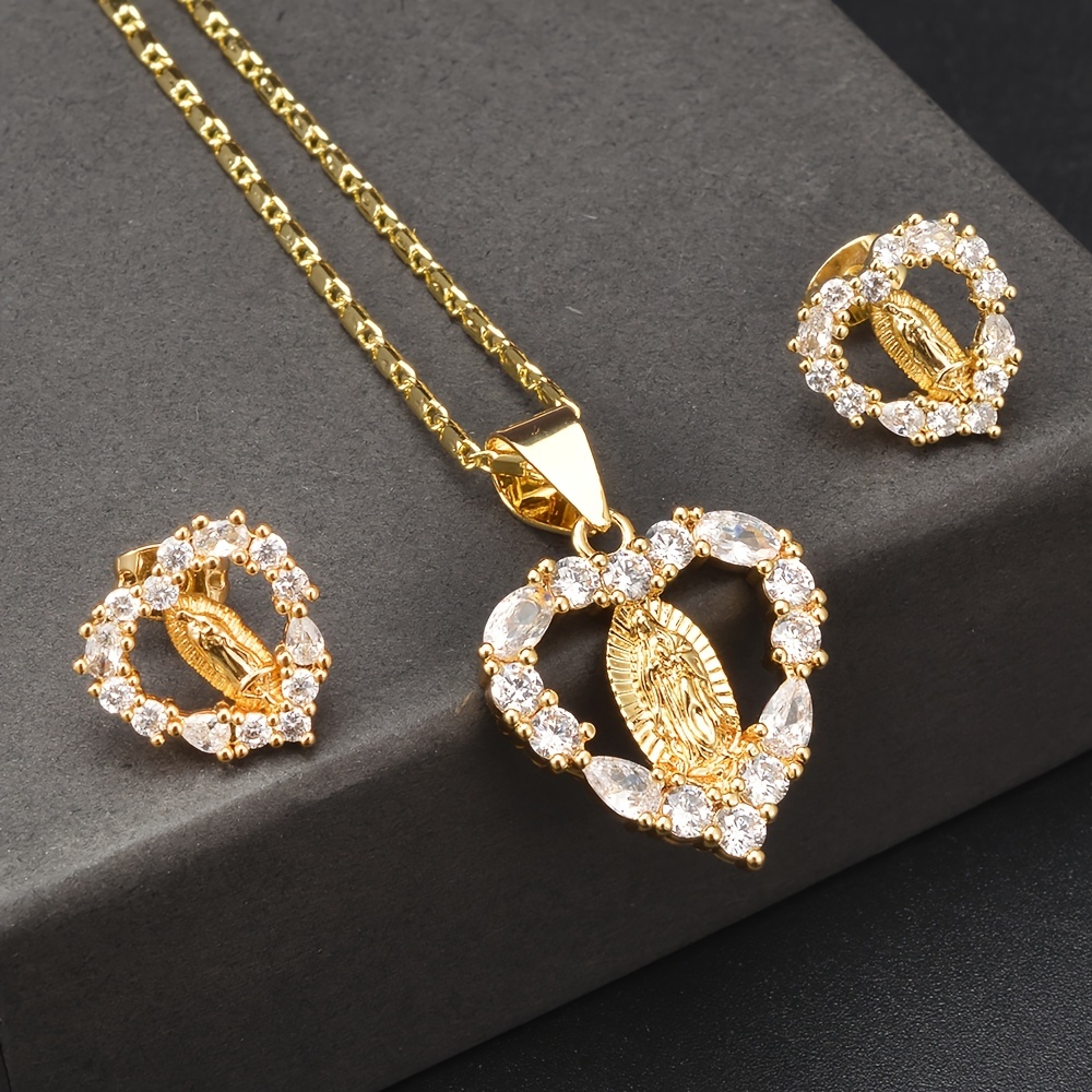 Earring And Necklace Set heart Guadalupe Golden Plated - Temu