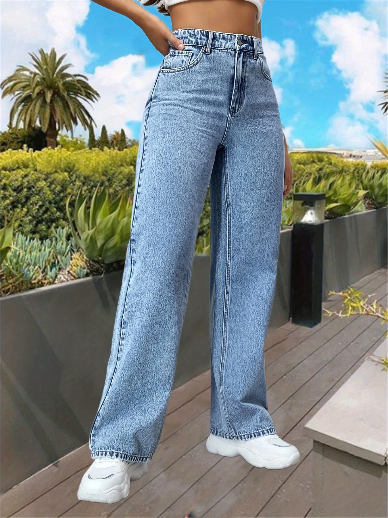 Calças de ganga retas de cintura alta com estampa floral, bolsos oblíquos,  corte largo e subida alta, calças de ganga femininas e vestuário