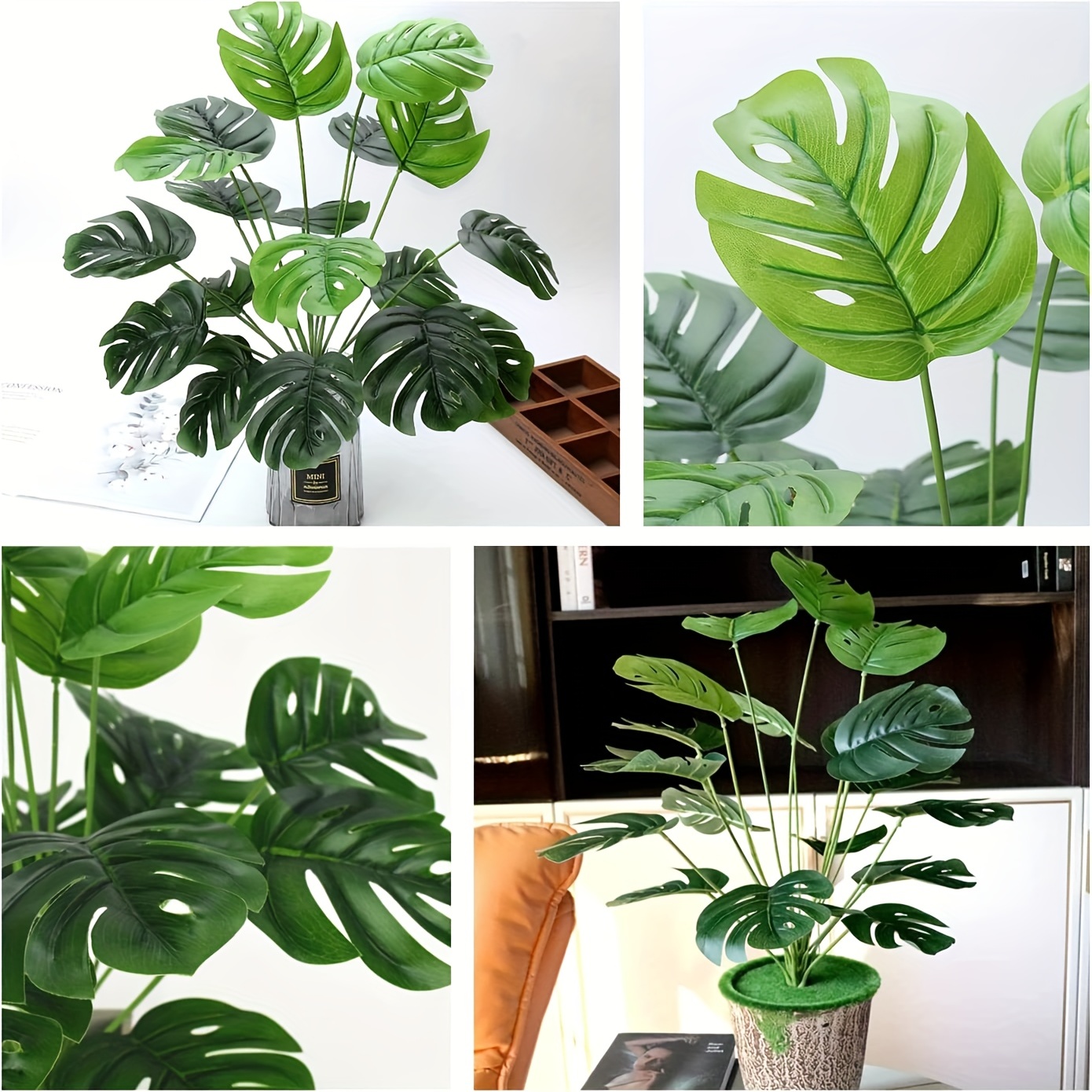 2 bushes Tropical Palm Small Monstera Artificial Leaves Hanging