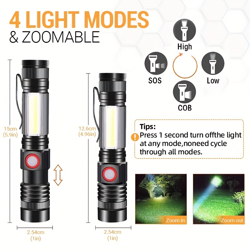 ideal, 2pcs portable zoomable magnetic led flashlight waterproof usb rechargeable 4 lighting modes ideal for camping hiking and repairs details 3