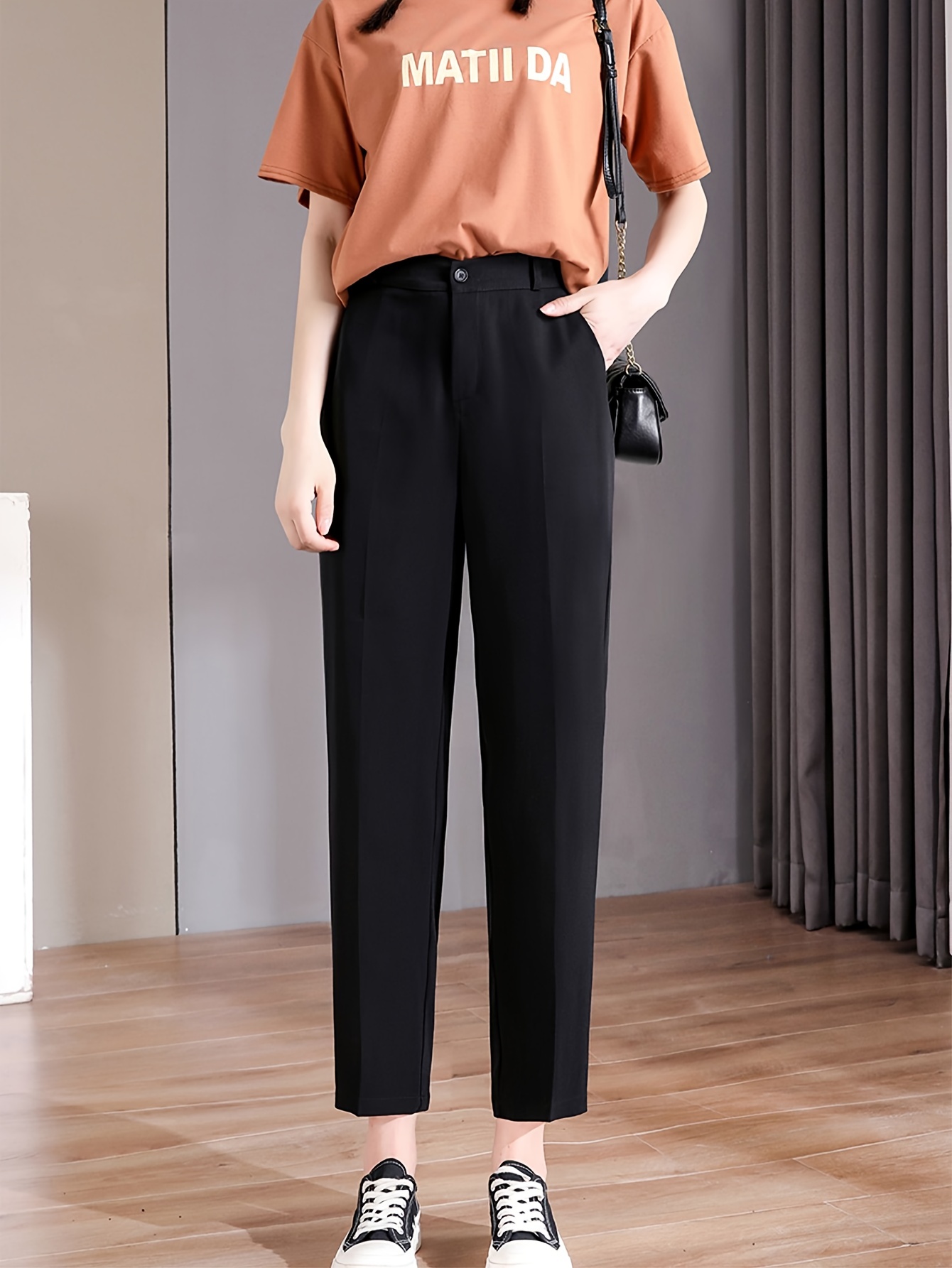 Solid Loose Straight Leg Pants, Casual Drawstring High Waist Pants For Fall  & Winter, Women's Clothing