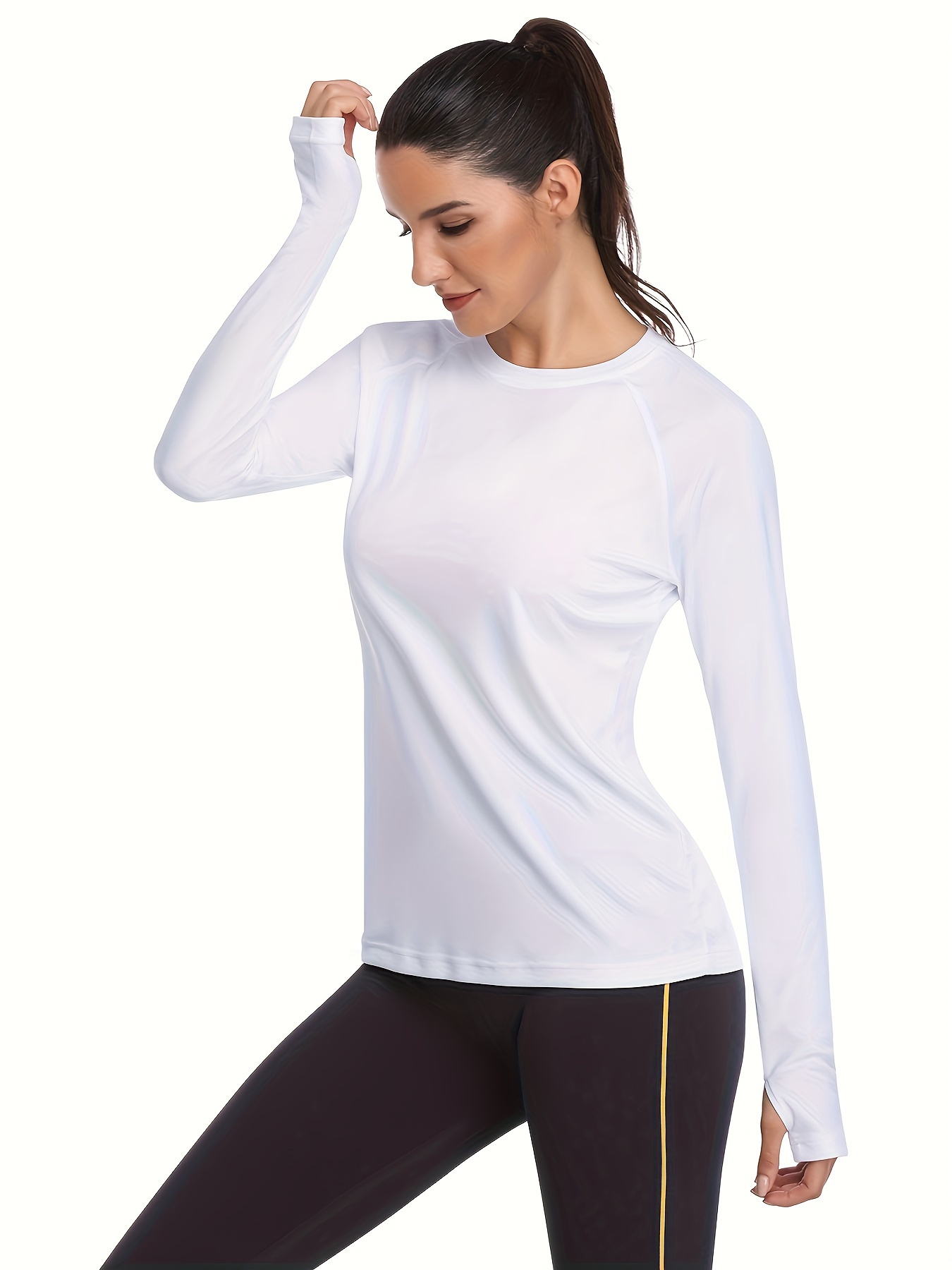  UPF 50+ SPF Sun Fitted Yoga Shirts For Women Long Sleeve  Color Blcok Uv Protection Athletic Light Weight Workout Crew Neck Rash  Guard Outdoor Running Clothing Tops White Small