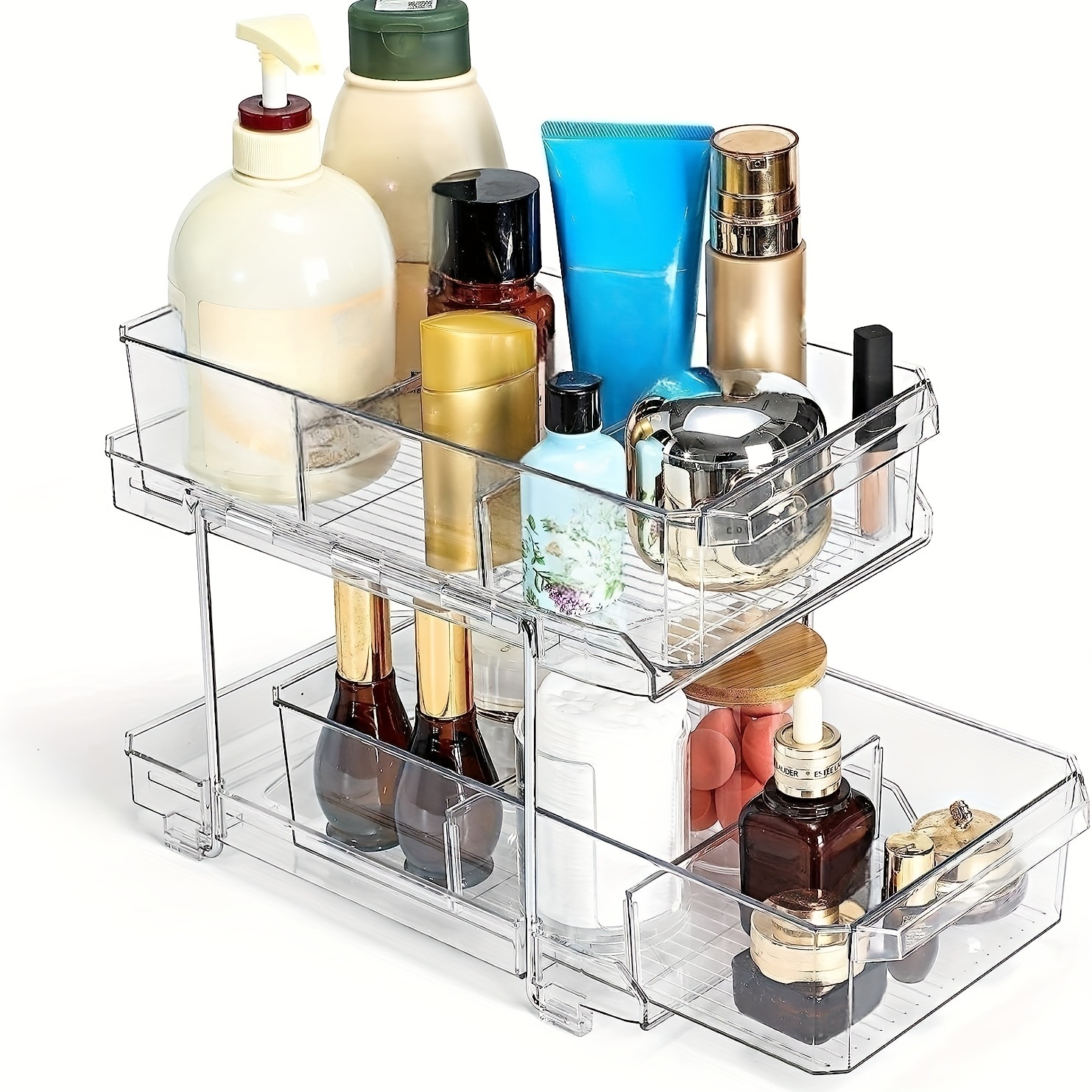 2 Tier Clear Organizer With Dividers, Multi-Purpose Slide-Out Storage  Container