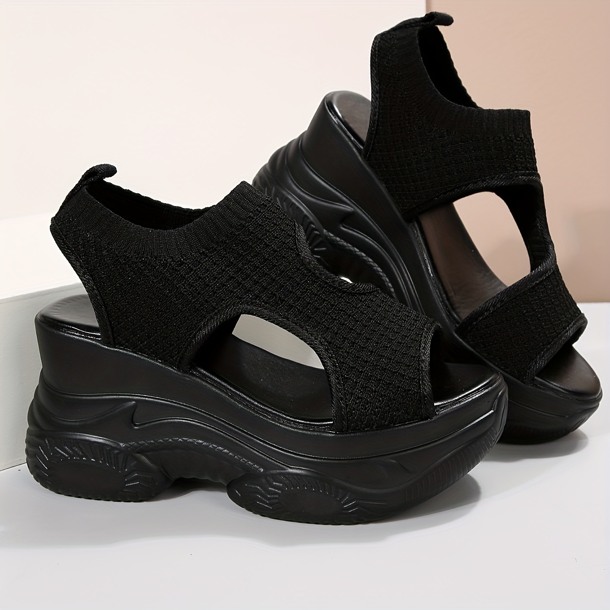 Women's Platform Wedge Sandals, Open Toe Knit Slip On Slingback Shoes,  Casual Trendy Heightening Beach Sandals
