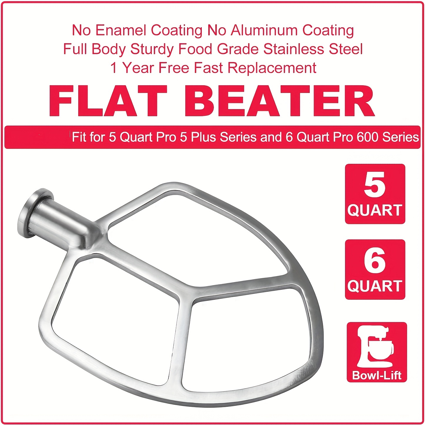 5 QT Flat Beater Paddle for KitchenAid Bowl-Lift Stand Mixer