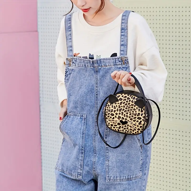 cute cat crossbody bag for women glitter sequins round handbag fashion leopard print shoulder purse details 2