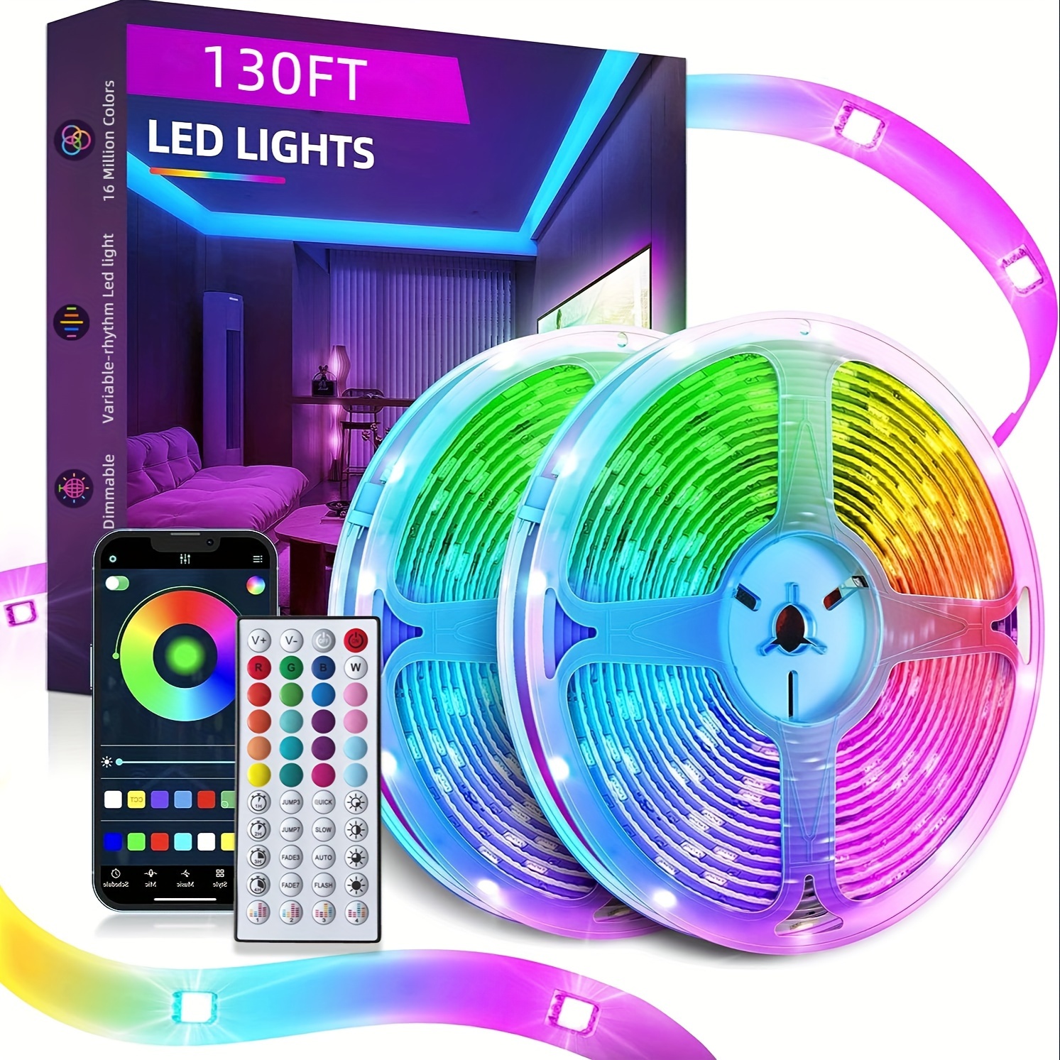 VOLIVO 50 FT RGB Led Strip Lights,Color Changing Led Light Strips Kit with  44 Keys IR Remote Control, Led Lights for Bedroom, Room, Home Decoration