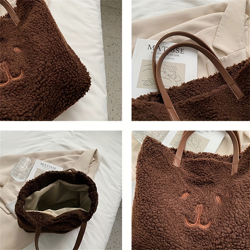 Cute Bear Plush Handbag Cartoon Faux Fur Tote Bag Autumn - Temu