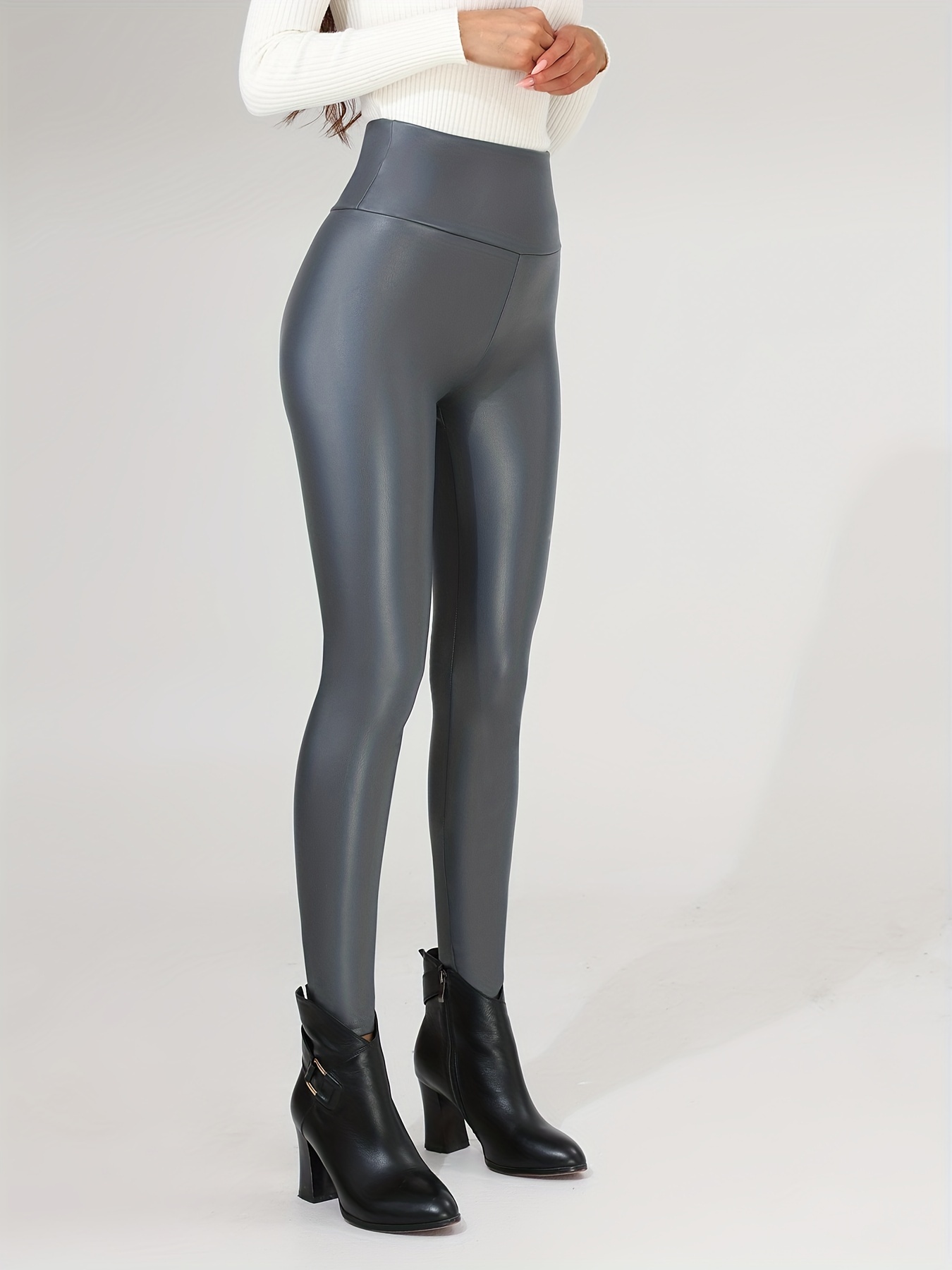 High Waisted Faux Pu Leather Plush Lined Leggings Elastic - Temu United  Kingdom