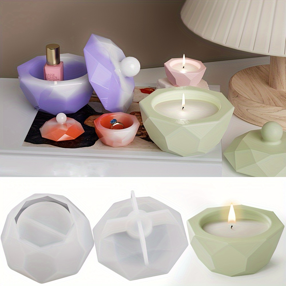 1set Candle Jar Silicone Cement Mold For Candle Making Candle Holder With  Lid Polygonal Faceted Plaster Cup Ornament Candle Making Supplies Resin Mold