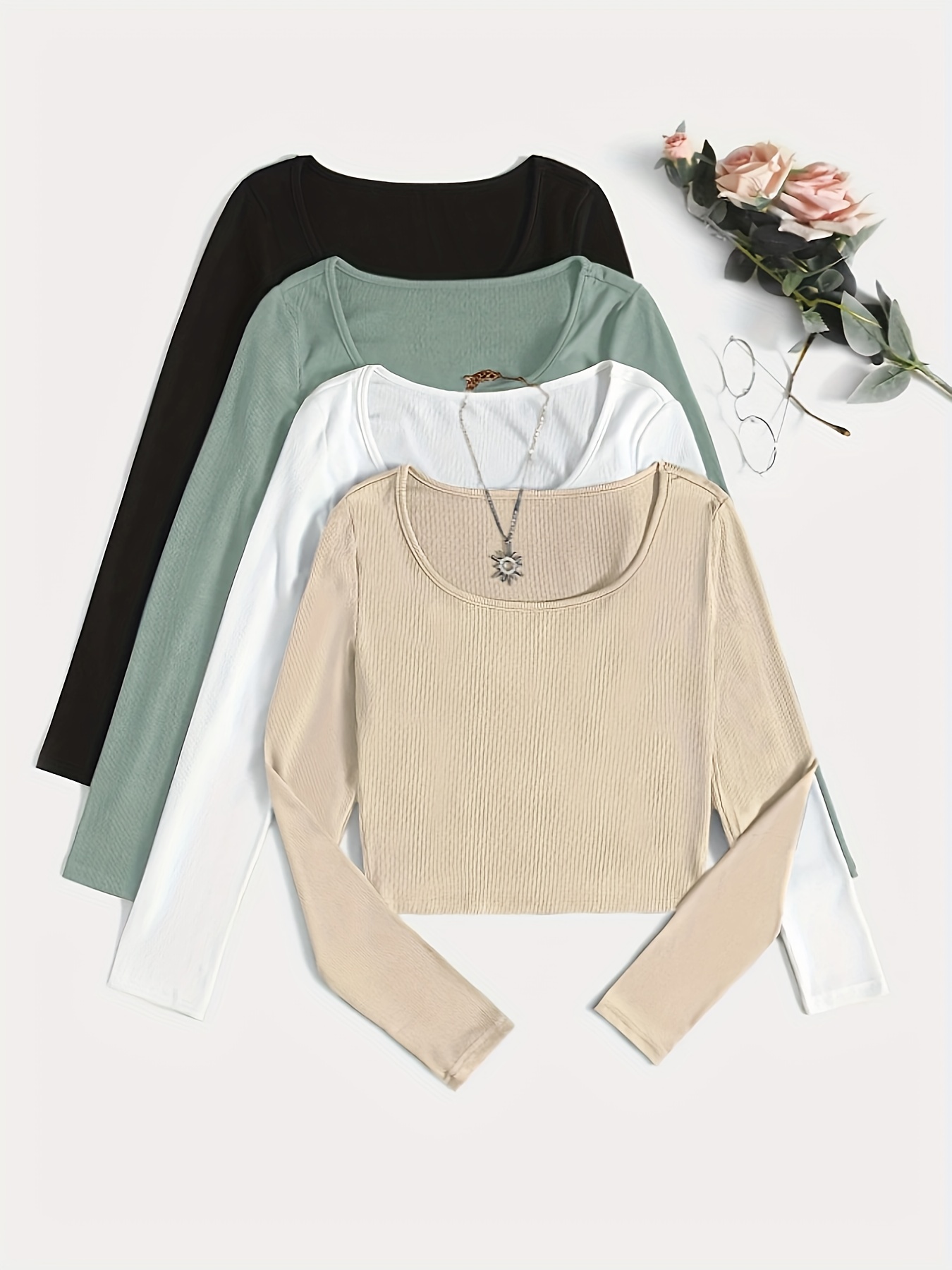 3 Paquetes Camisetas Lisas Cuello Redondo Top Informal Manga - Temu