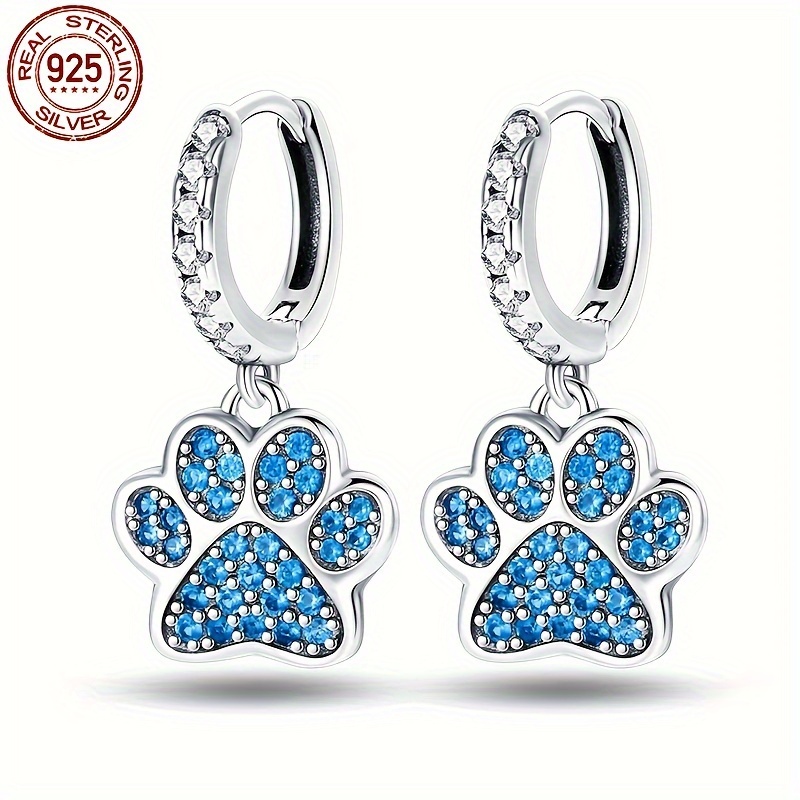 

Sterling 925 Silver Hypoallergenic Ear Jewelry Animal Paw Design Blue Shiny Zircon Inlaid Dangle Earrings Cute Style Adorable Female Gift