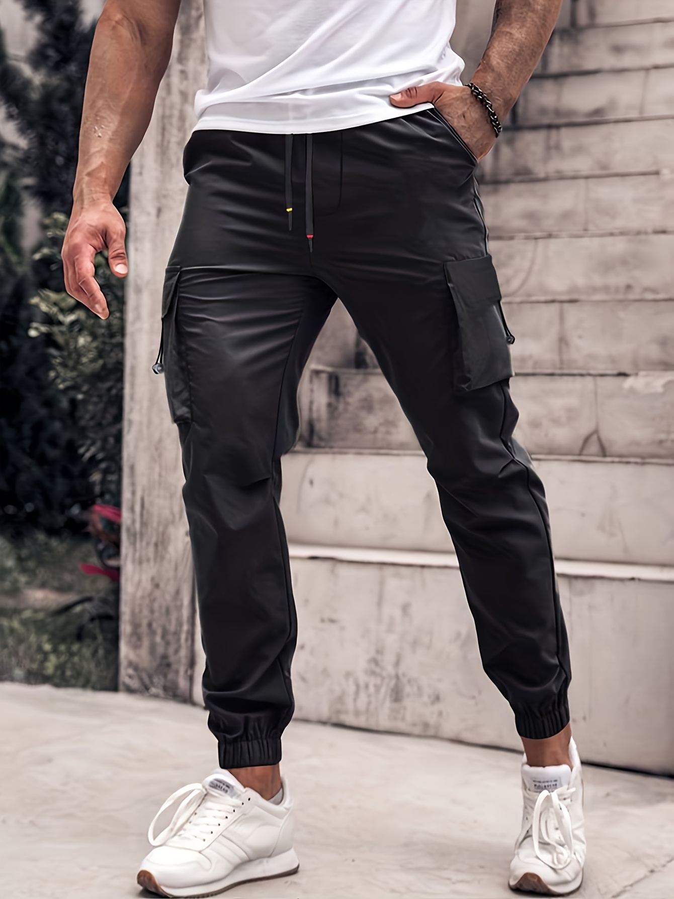 Men's Dark Grey Casual Side Pocket Cropped Cargo Leggings - Temu