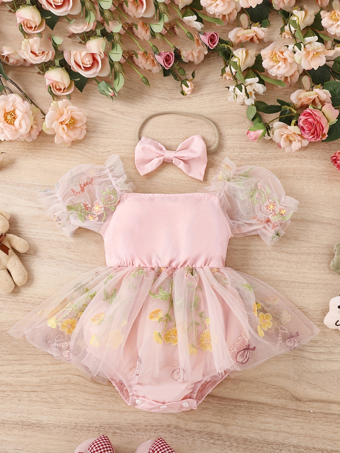 2pcs Baby Girls Elegant Puff Sleeve Floral Embroidery Mesh Onesie Dress &  Headband Set Clothes