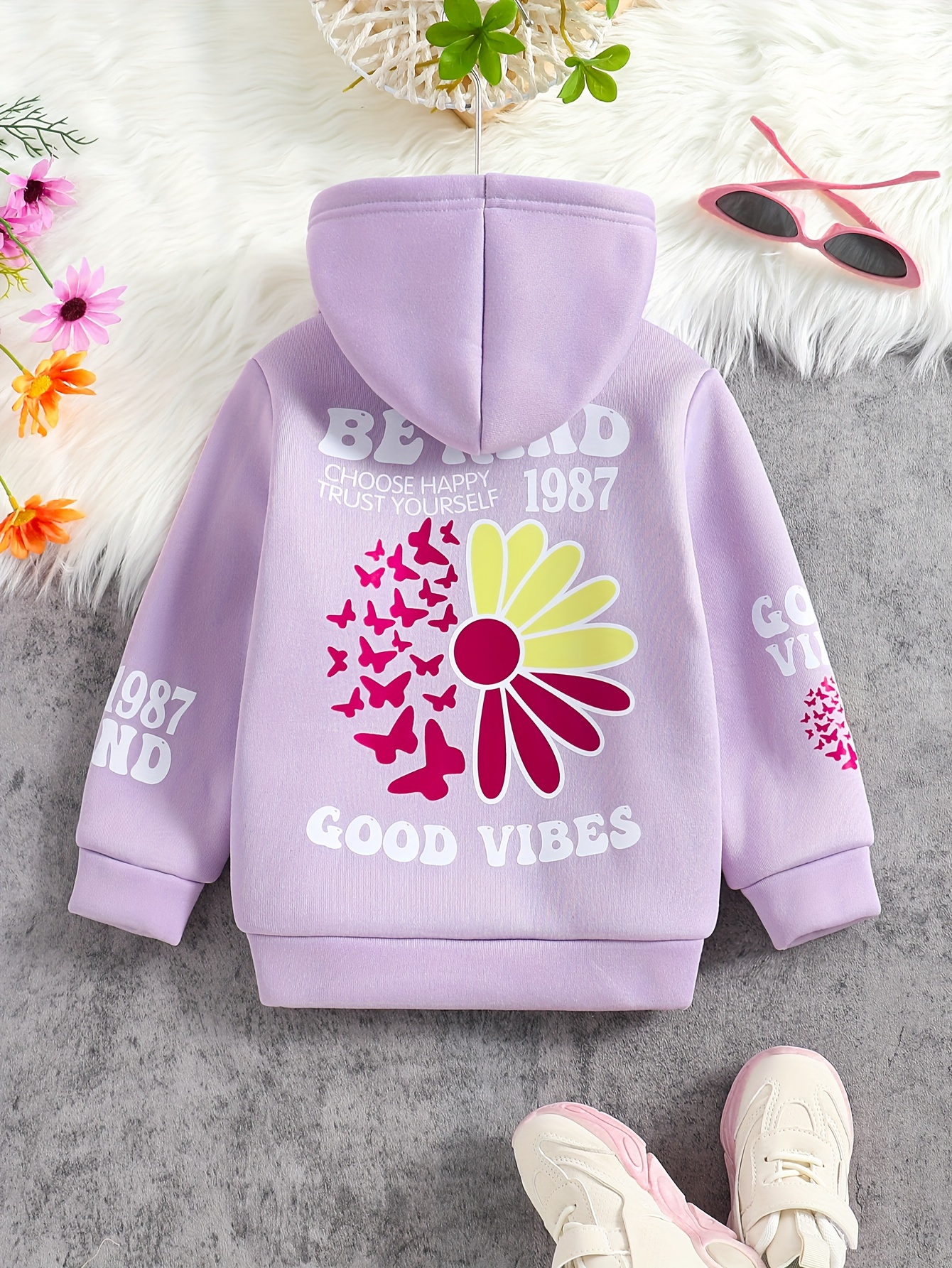 Half Flower Back Print Girls Casual Hoodie Tops Long Sleeve Sweatshirt For Holiday Daily Gifts For Kids